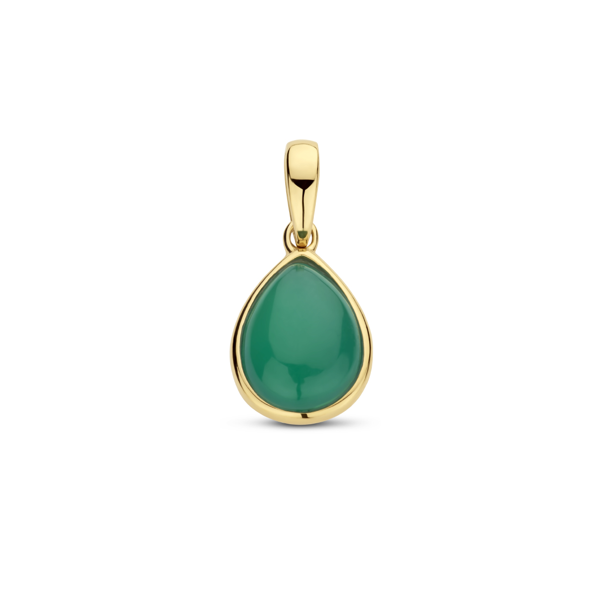 Geelgoud op 925 zilveren hanger uitgevoerd met een schitterende groen agaat steen. De hanger heeft een afmeting van 13.5x9.5mm en een totale hoogte van 1.9cm. Geen garantie op plating.