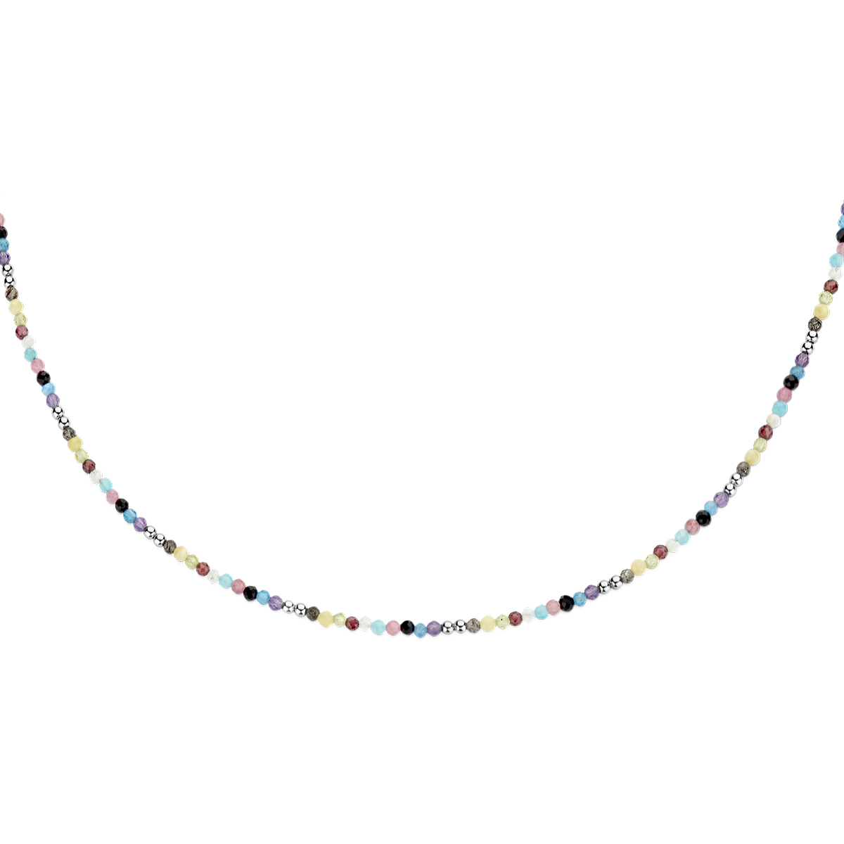 Gerhodineerd 925 zilveren collier uitgevoerd met verschillende edelstenen zoals: amethyst, blauw apatiet, amazoniet, zwart agaat, granaat, peridoot, regenboog maansteen, rutielkwarts, roze toermalijn en geel opaal.&nbsp;Het collier heeft een draaglengte van 40cm en een extensie van 4cm.