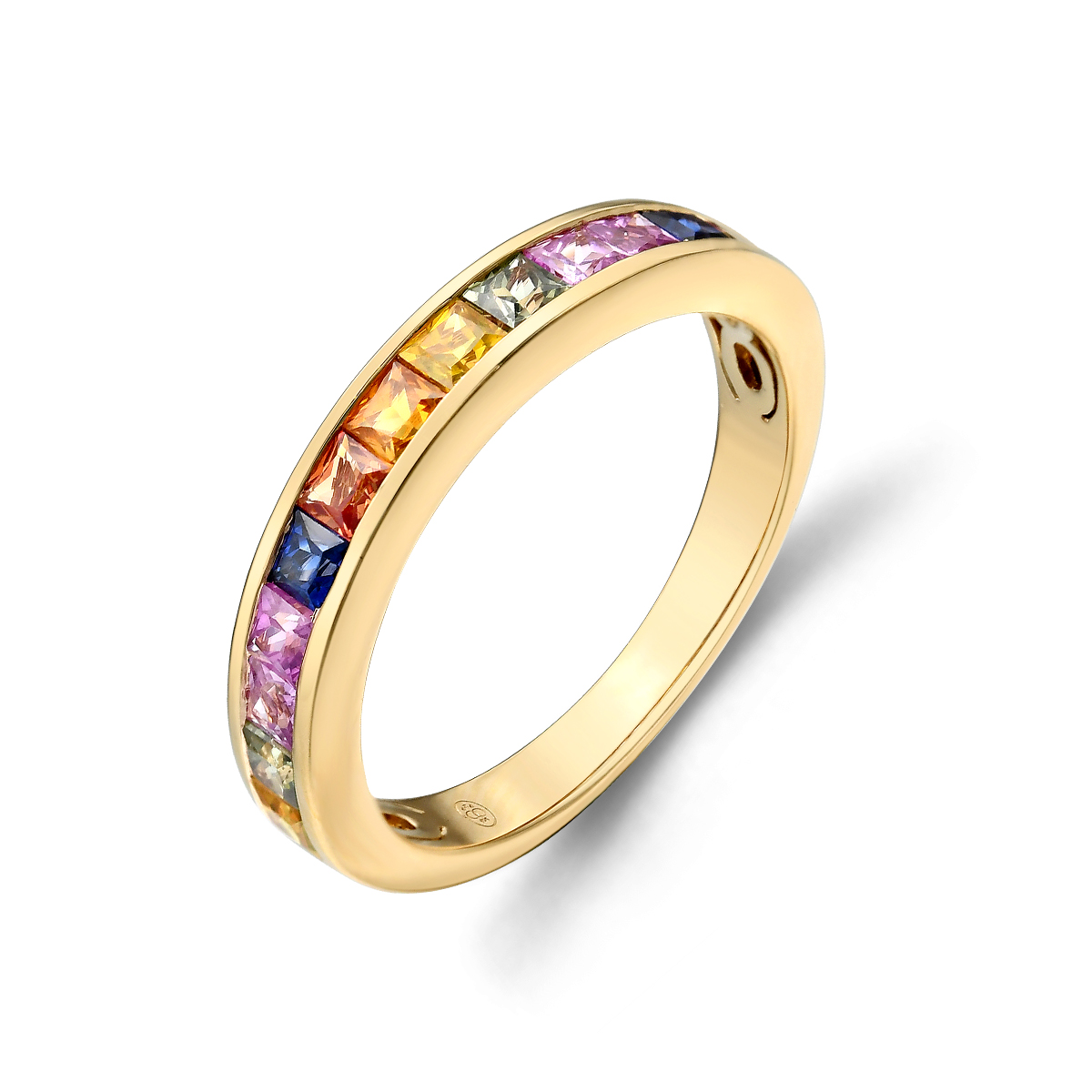 14k Geelgouden ring uitgevoerd met verschillende kleuren saffier.