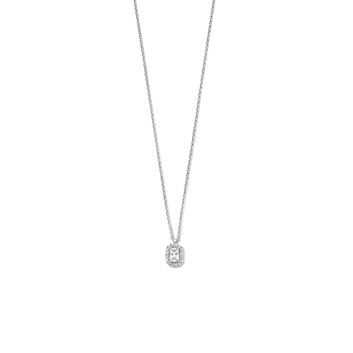 Gerhodineerd 925 zilveren collier uitgevoerd met schitterende zirkonia. Het collier heeft een draaglengte van 41cm en een extensie van 4cm.