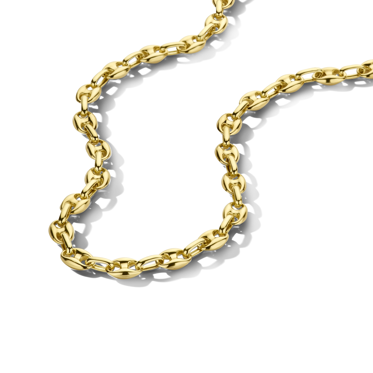 14krt Geelgoud Collier Koffieboon 43cm 5,8mm 
14k Geelgouden collier met een draaglengte van 43cm. Het collier is uitgevoerd met een karabijn sluiting.