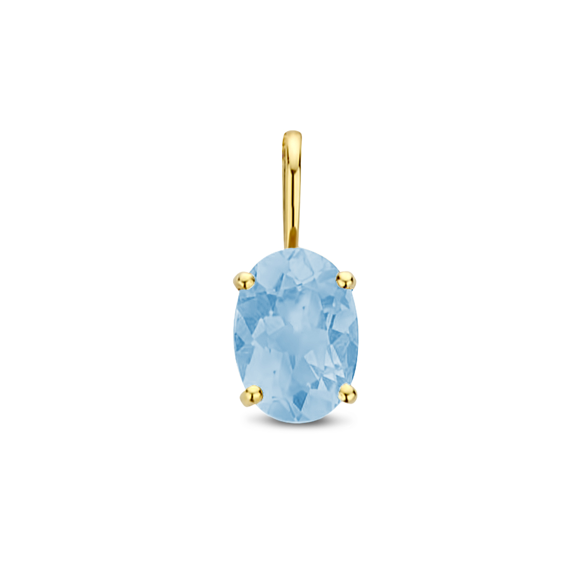 14k Geelgouden hanger uitgevoerd met blauw topaas. De steen heeft een afmeting van 7x5mm.