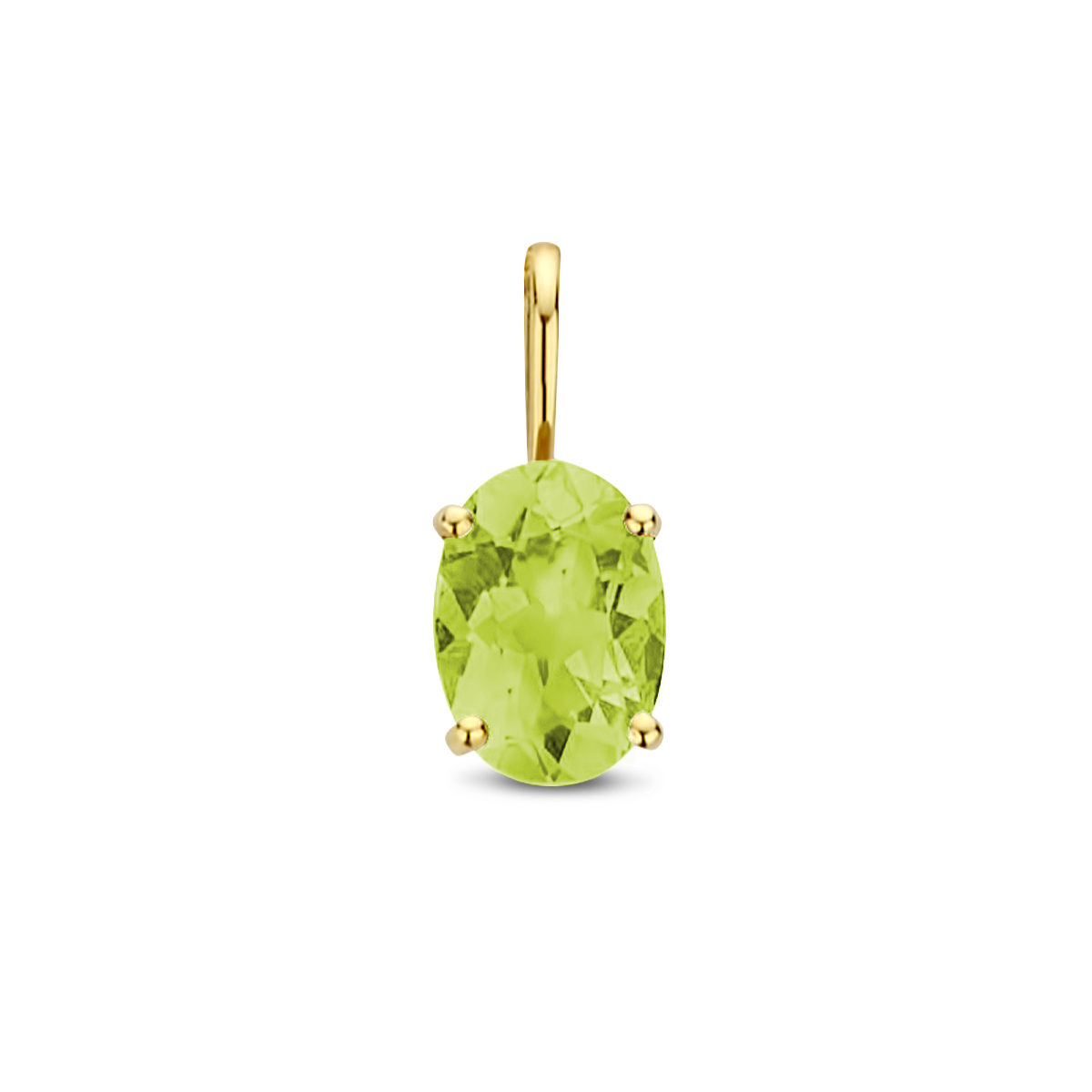 14k Geelgouden hanger uitgevoerd met peridoot. De steen heeft een afmeting van 7x5mm.