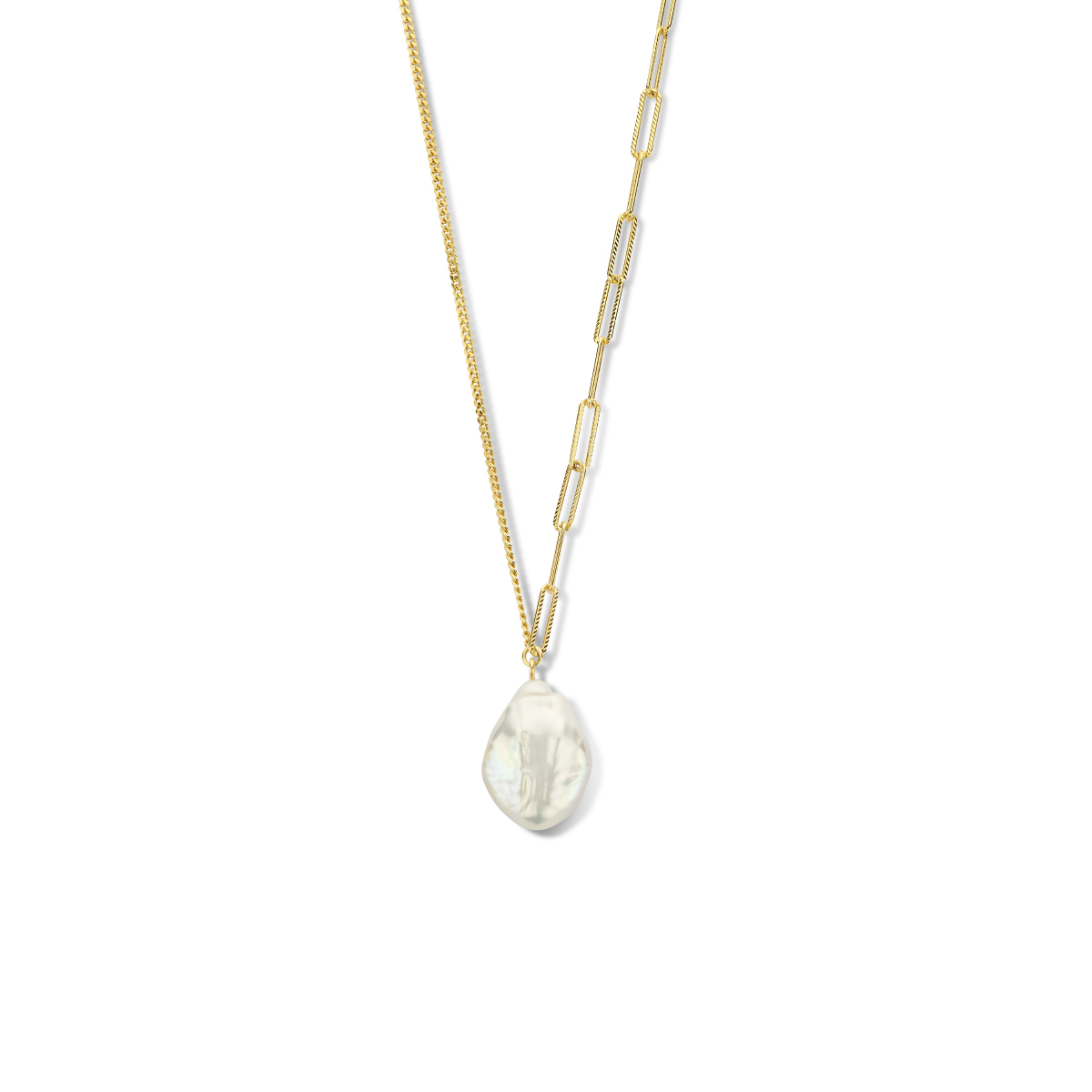 Geelgoud op 925 zilveren collier uitgevoerd met een zoetwaterparel en een karabijn sluiting. Het collier heeft een draaglengte van 45cm en een extensie van 5cm. Geen garantie op plating.
