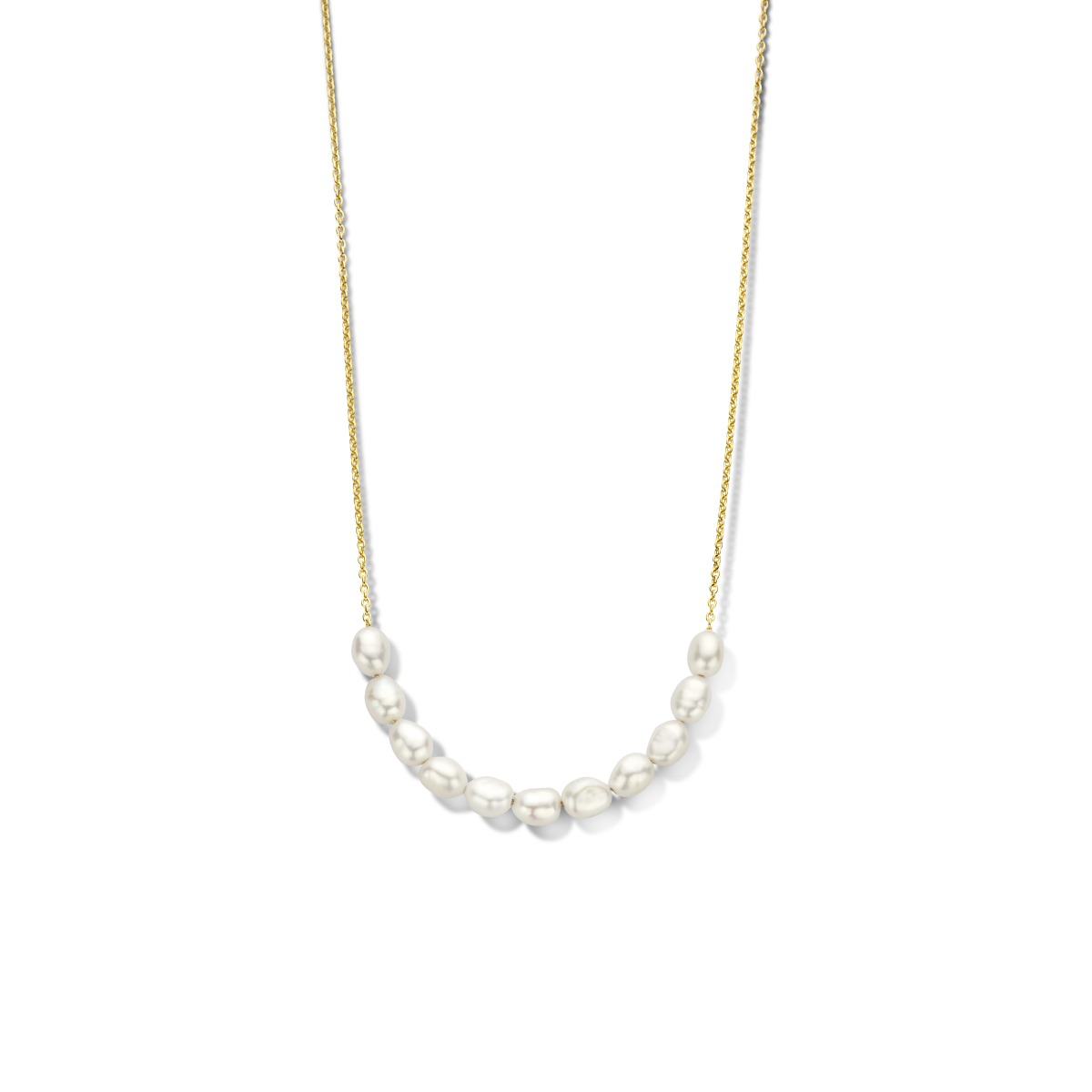 Geelgoud op 925 zilveren collier uitgevoerd met zoetwaterparels van 6.5mm en een karabijn sluiting. Het collier heeft een draaglengte van 40cm en een extensie van 4cm. Geen garantie op plating.