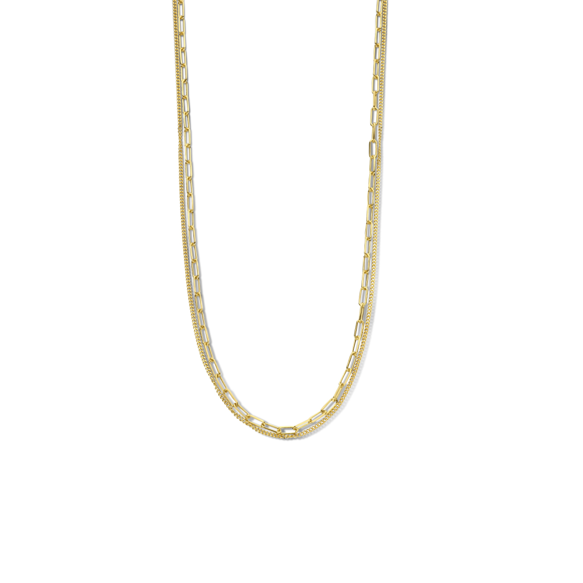 Geelgoud op 925 zilveren collier uitgevoerd met een paperclip schakel van 2.8mm, gourmette schakel van 1,5mm en een karabijn sluiting. Het collier heeft een draaglengte van 42cm en een extensie van 3cm. Geen garantie op plating.