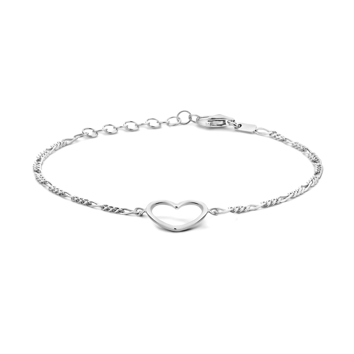 Gerhodineerd 925 zilveren figaro armband uitgevoerd met een hartje. De armband heeft een draaglengte van 16cm met een extensie van 3cm en een stevige karabijn sluiting. De schakelbreedte is 1.9mm.