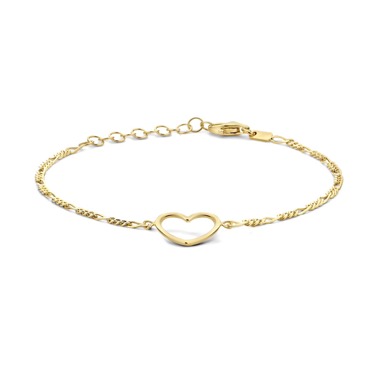 Geelgoud op 925 zilveren figaro armband uitgevoerd met een hartje. De armband heeft een draaglengte van 16cm met een extensie van 3cm en een stevige karabijn sluiting. Geen garantie op plating.