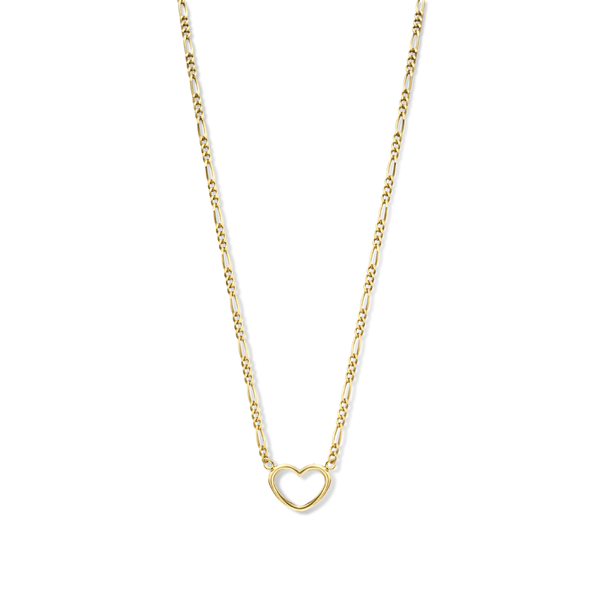 Geelgoud op 925 zilveren figaro collier uitgevoerd met een hartje. Het collier heeft een draaglengte van 40cm met een extensie van 5cm en een stevige karabijn sluiting. Geen garantie op plating.