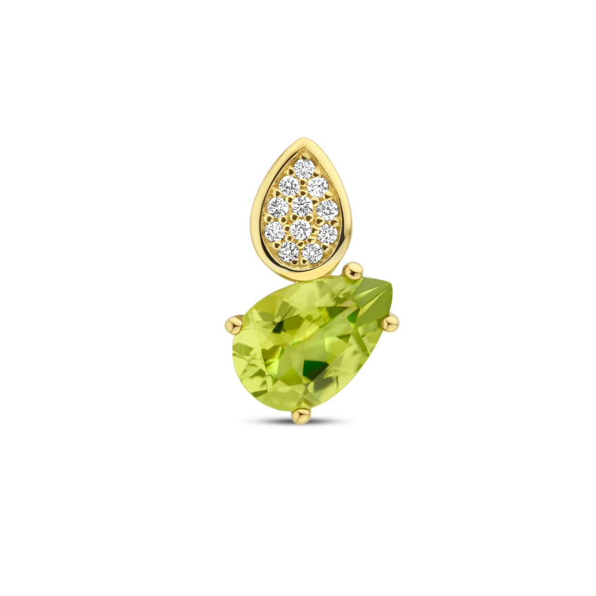 14k Geelgouden hanger uitgevoerd met schitterende peridot en diamant. De hanger heeft een afmeting van 14.5x8.5. De peridot heeft een steengewicht van 1.25ct en het diamantgewicht is 0.055ct.