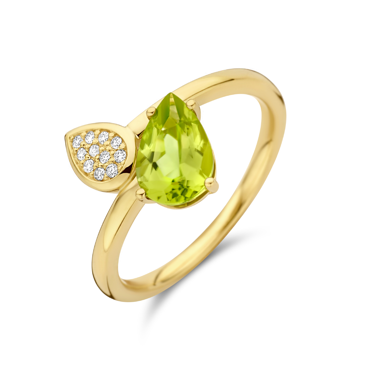 14k Geelgouden ring uitgevoerd met schitterende peridot en diamant. De ring heeft een afmeting van 14x10mm. De peridot heeft een steengewicht van 1.25ct en het diamantgewicht is 0.055ct.