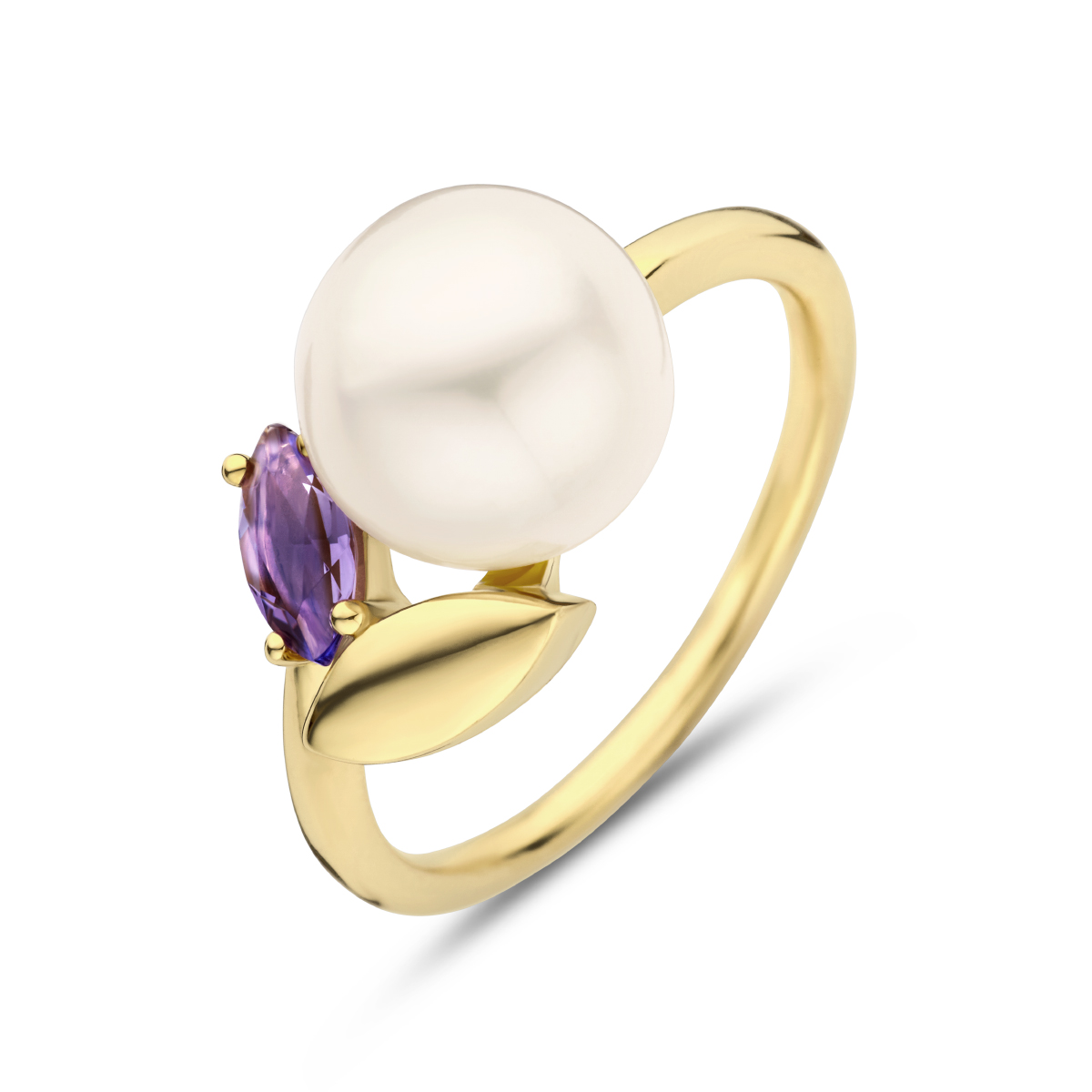 14k Geelgouden ring uitgevoerd met zoetwaterparel en amethist. De ring heeft een breedte van 10mm. De amethist heeft een steengewicht van 0.20ct.
