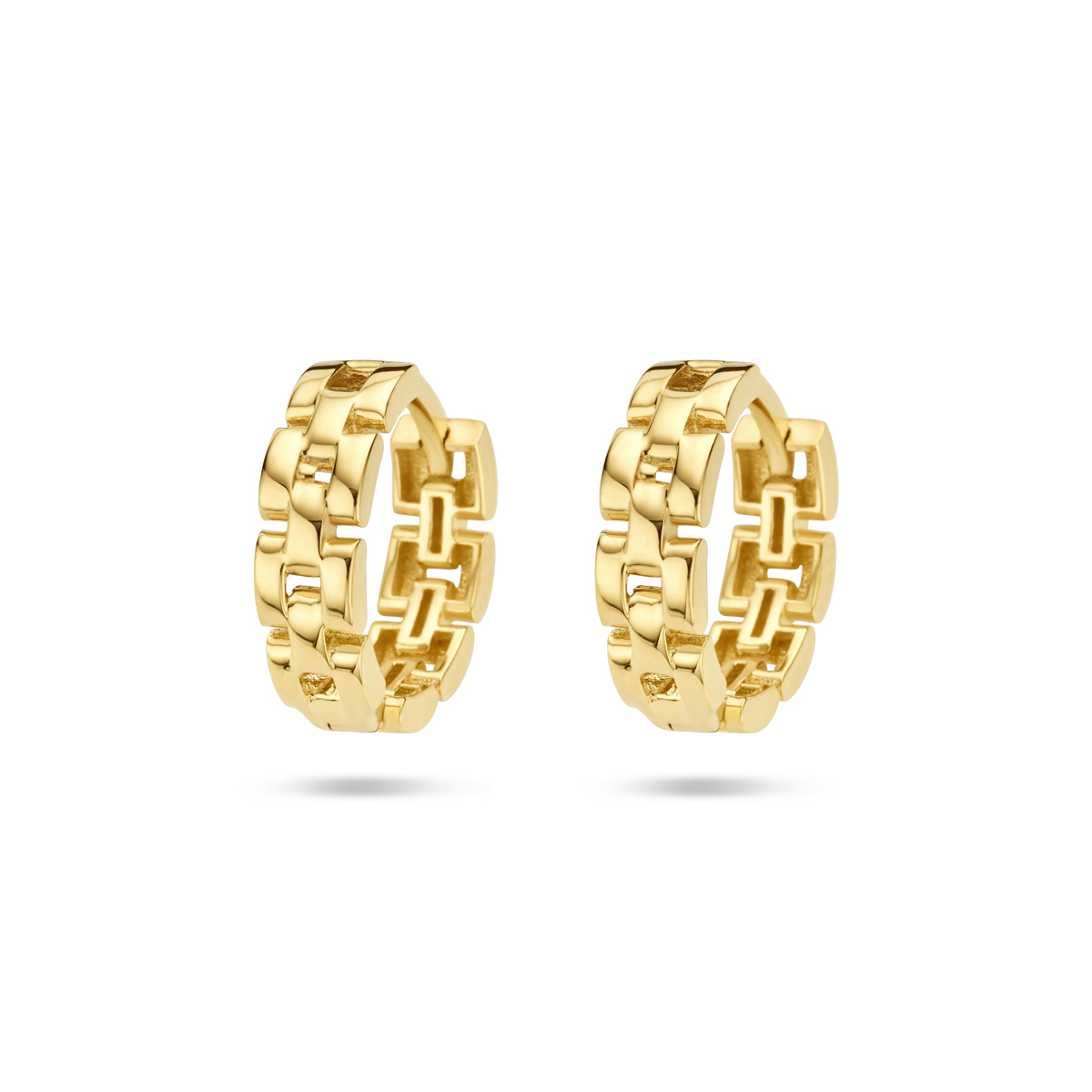 14k Geelgouden klapoorringen met een schakelmotief. De oorringen hebben een diameter van 13mm en zijn voorzien van een scharniersluiting