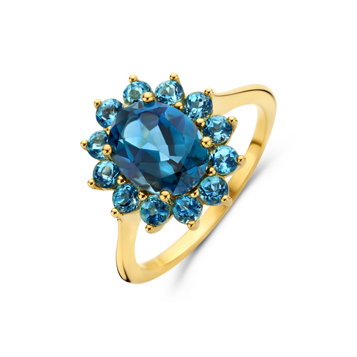 14k Geelgouden ring uitgevoerd met blauw topaas en London blue topaas.