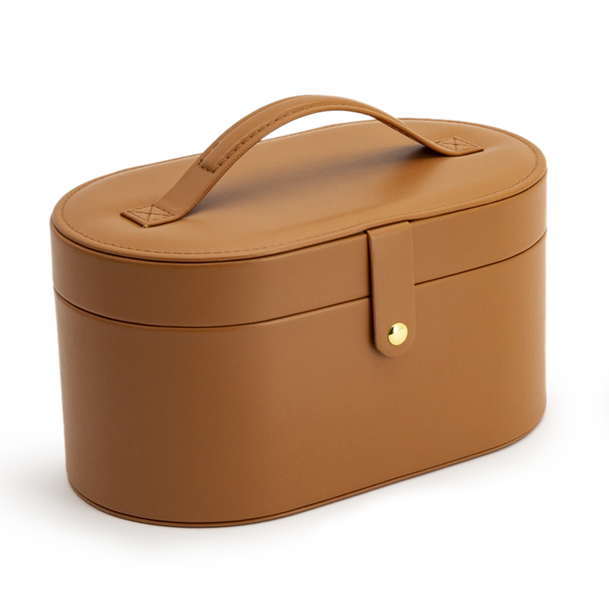 Luxe sieradenbox in de kleur camel uitgevoerd met twee uitneembare trays en verschillende vakjes. Een compacte box om verschillende sieraden in op te bergen.