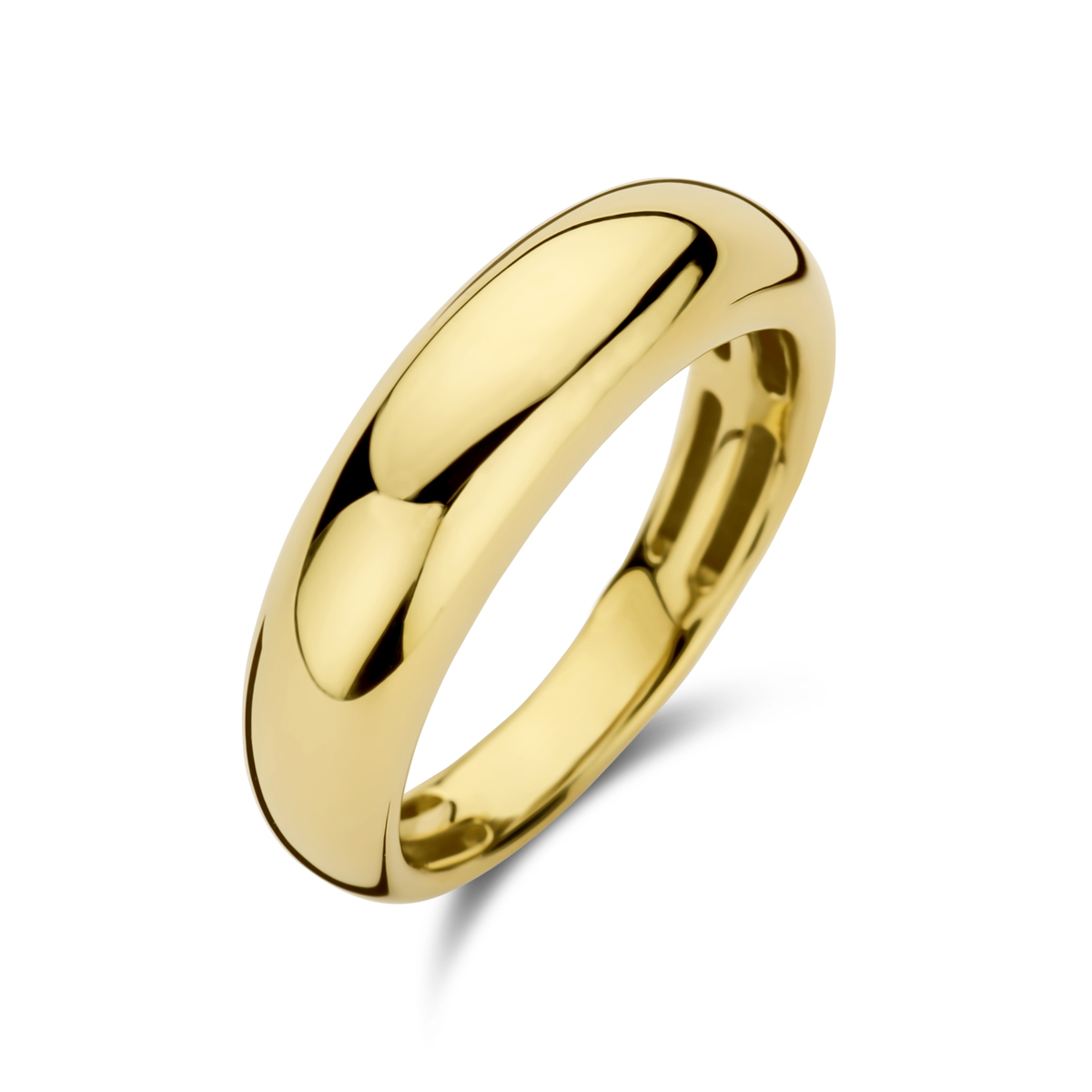 14k Geelgouden ring met een breedte van 6.0mm. De ring voelt comfortabel aan door de opengewerkte bodem.