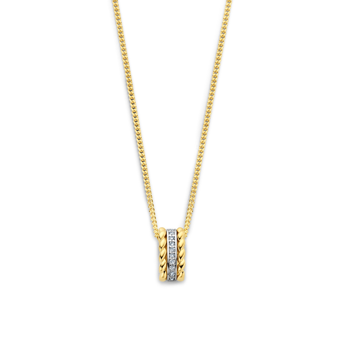 14k Bicolor geel- en witgouden hanger uitgevoerd met een diamant rij. De hanger heeft een totale hoogte van 11.5mm. Mooi met de bijpassende creolen en ring.