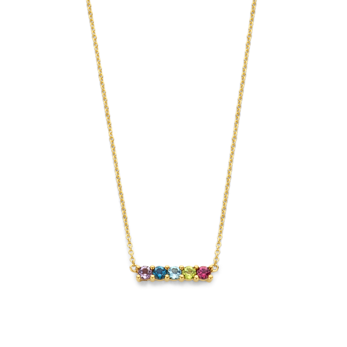 Geelgouden collier met een schakelbreedte van 1.2mm en verschillende edelstenen. Het collier heeft draaglengtes van 40 en 42cm. Uitgevoerd met een karabijn sluiting.&nbsp; De stenen hebben een steengewicht van: peridot 0.10ct, blauw topaas 0.15ct, london blue topaas 0.15ct, amethist 0.20ct en roze rhodoliet 0.15ct.
Referentienummer: THOJ2792