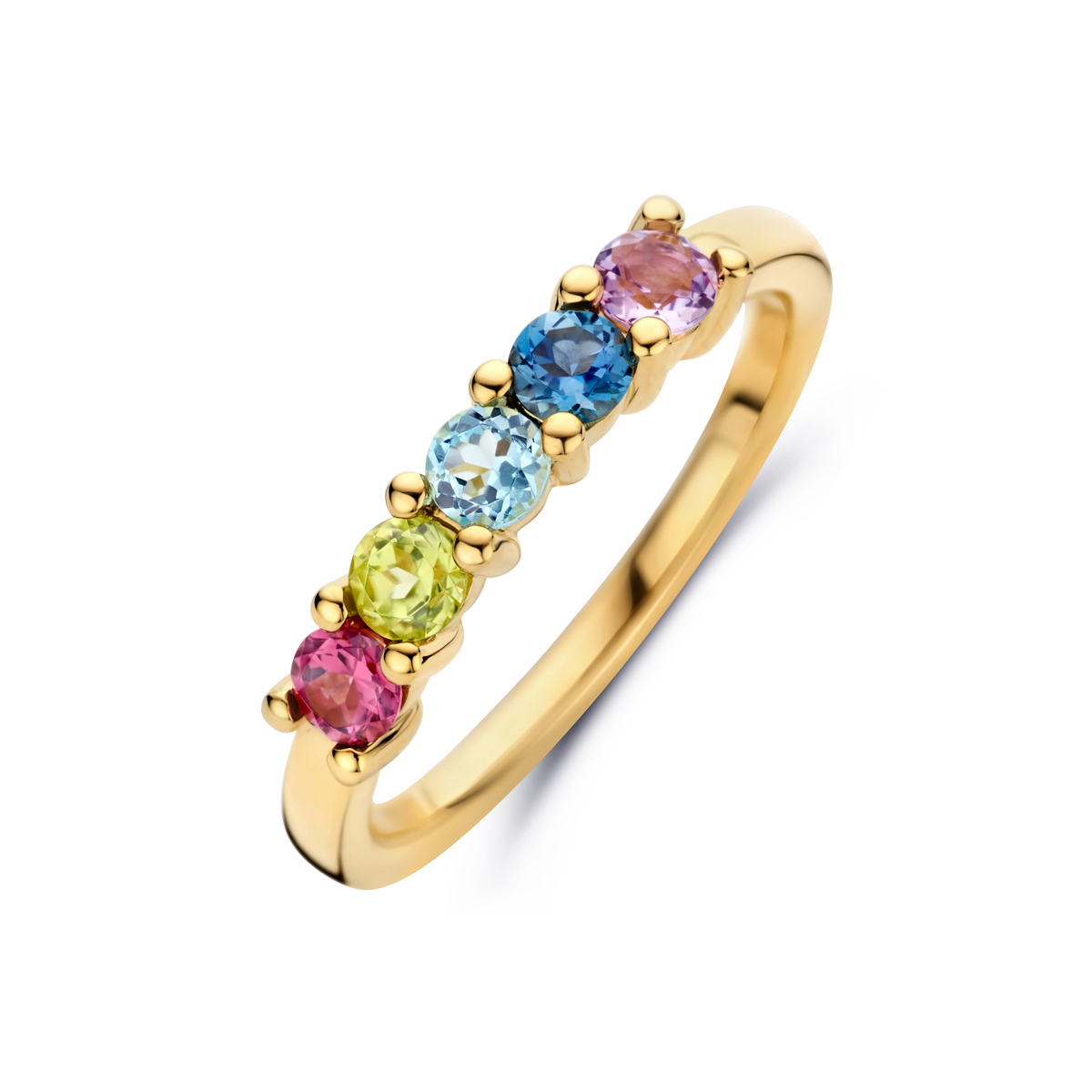 14krt geelgouden ring met een breedte van 3.5mm en verschillende edelstenen. De stenen hebben een steengewicht van: peridot 0.10ct, blauw topaas 0.15ct, london blue topaas 0.15ct, amethist 0.20ct en roze rhodoliet 0.15ct.

Referentienummer: THOJ2792

De maat van de ring is 54 ( 17 1/4). Heeft u een andere maat, neem dan gerust contact met ons op.