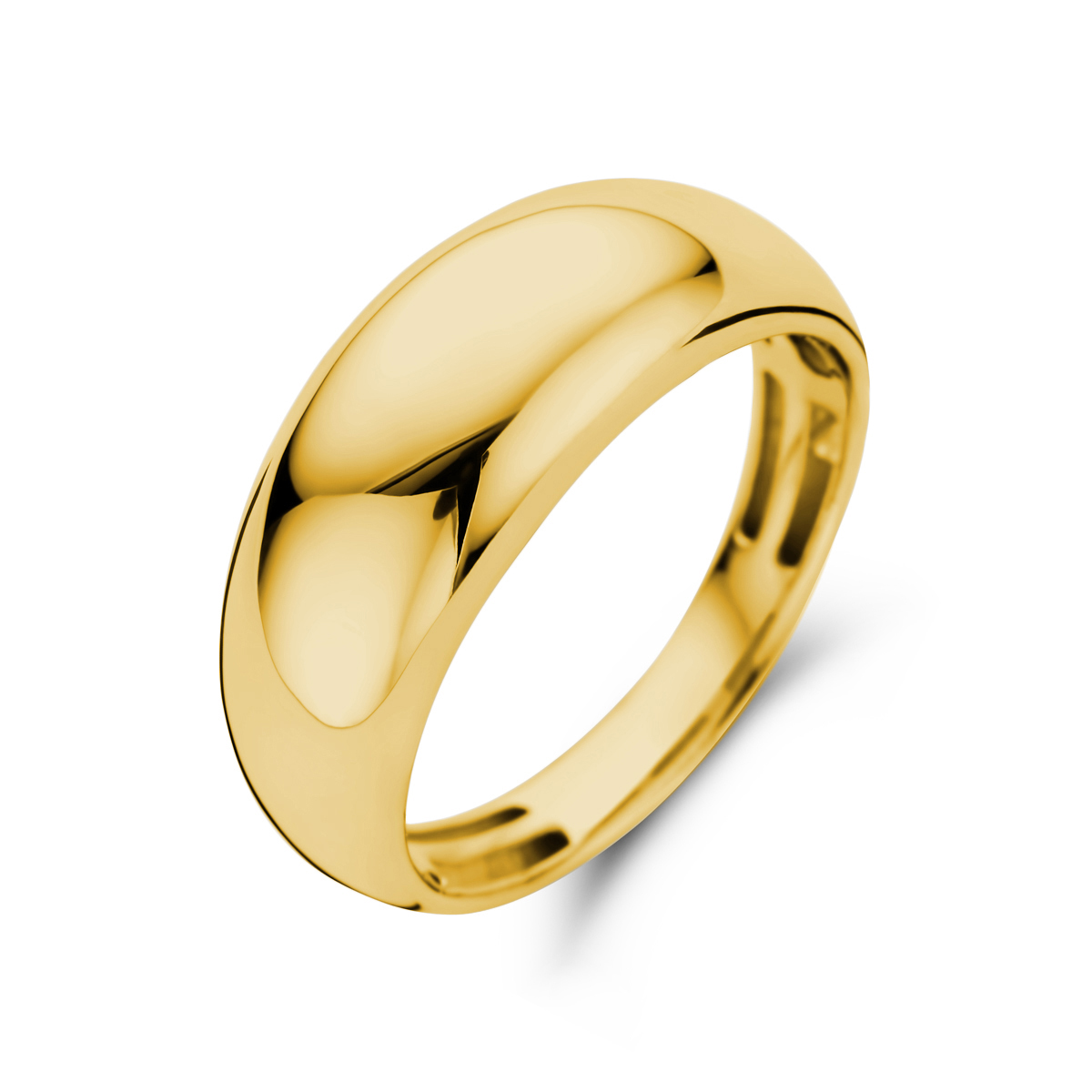 14k Geelgouden ring met een breedte van 8mm. De ring voelt comfortabel aan door de opengewerkte bodem.