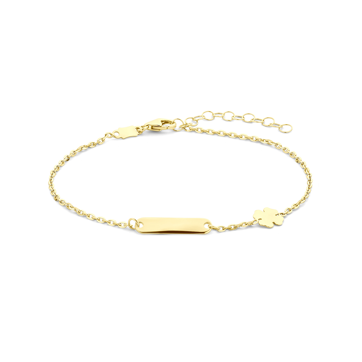 14k Geelgouden graveerarmband met een plaat van 3.5x16mm. De armband heeft een draaglengte van 16cm en een extensie van 3cm. De schakelbreedte is 1.4mm en de dikte van de plaat is 0.5mm. Uitgevoerd met een karabijn sluiting.