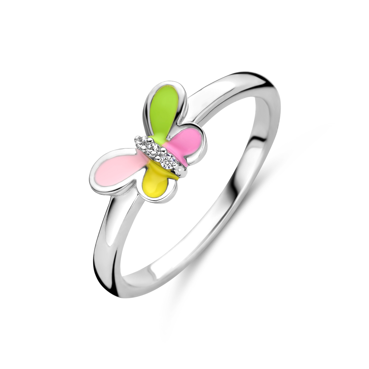 Gerhodineerd 925 zilveren ring uitgevoerd met een vlinder en zirkonia. De ring heeft een breedte van 5.5mm.