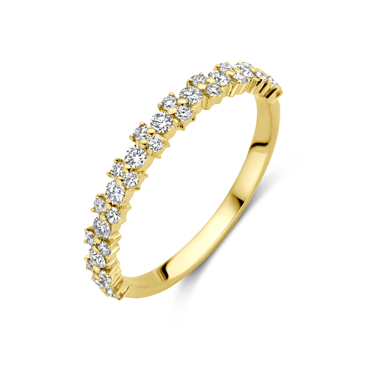 14k Geelgouden ring uitgevoerd met schitterende diamant. De ring heeft een breedte van 3mm. Het diamantgewicht is 0.44ct.