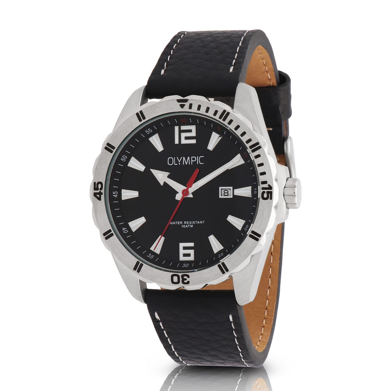 Olympic OL72HSL081 Pieter Horloge Heren Leer 43mm 
Dit unieke Olympic horloge met artikelnummer: OL72HSL081 is een heren horloge met een stoere uitstraling. De stalen kast heeft een bewerkte bezel en een zwarte wijzerplaat met een datum. De uursaanduiding is opvallend door de lumibrite strepen en wijzers en de rode secondewijzer. Dit geeft het horloge een sportief uiterlijk. Aan de stalen kast zit een zwarte leren band met een gespsluiting. Het horloge heeft een mineraalglas, een doorsnee van 43mm en is 10ATM.

Waterdichtheid 10ATM
Dit horloge is bestand tegen water bij het zwemmen en douchen. Dit horloge is niet bestand tegen (grote) waterdruk dus je kunt er niet mee duiken.

Het merk:
Een mooi horloge hoeft niet duur te zijn! Het Nederlandse horlogemerk Olympic levert stoere chronografen, slimline series, digitale uurwerken en elegante dameshorloges. De prijs-kwaliteitverhouding staat bij Olympic hoog in het vaandel met prijzen die uiteenlopen van € 34,95 tot en met € 159,00.

100% Nederlands ontwerp, waterdicht en standaard 3 jaar fabrieksgarantie.

Specificaties:
- Ronde kast Ø 43mm
- Stalen horlogekast
- Zwarte wijzerplaat
- Zwarte leren band
- 10ATM 
- Standaard 3 jaar fabrieksgarantie
- Mineraalglas
