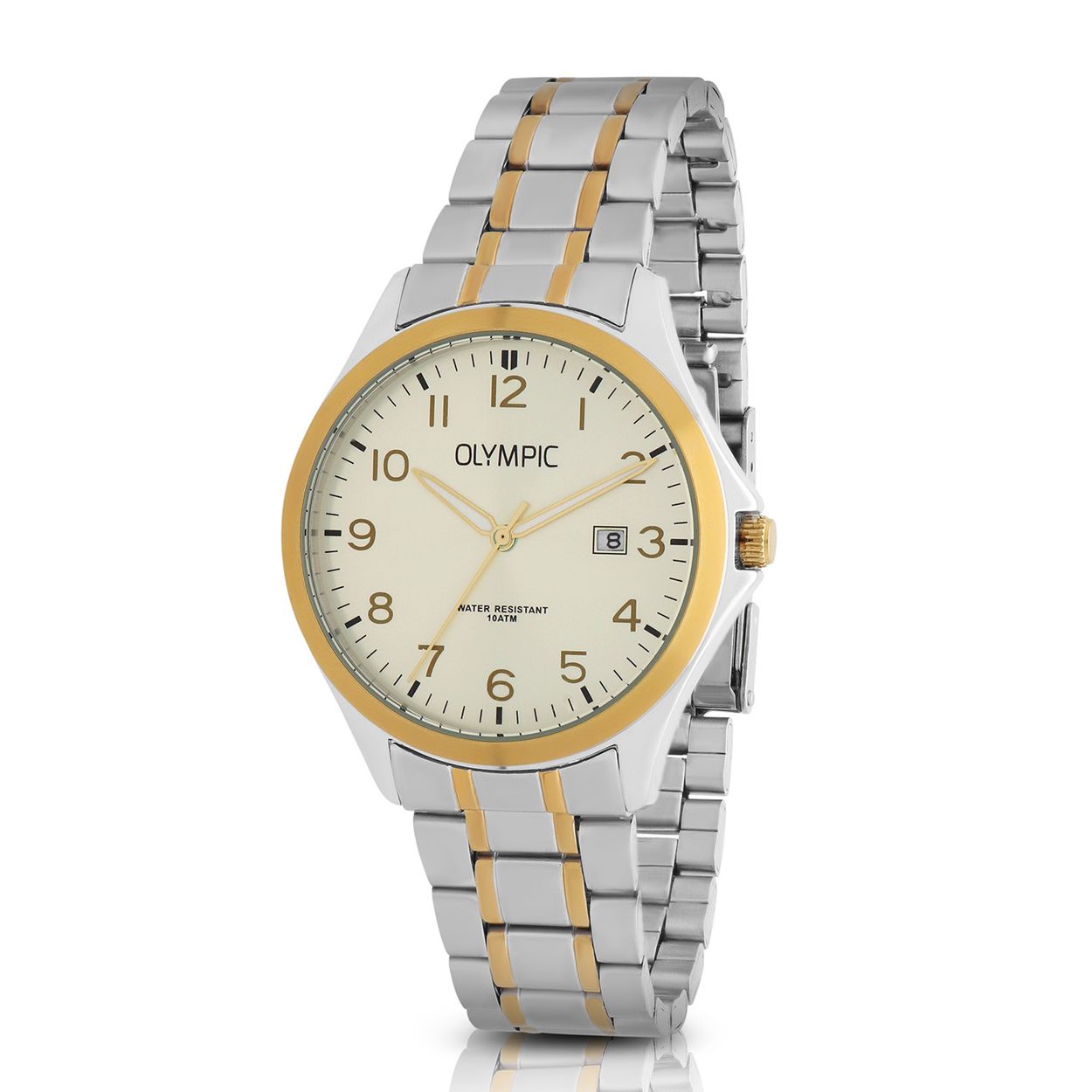 Olympic OL72HSS397B Robin Horloge Heren Leer 40mm 
Dit unieke Olympic horloge met artikelnummer: OL72HSS397B is een heren horloge met een classic uitstraling. De stalen kast heeft een gladde goudkleurige bezel en een zilverkleurige wijzerplaat met een datum. De uursaanduiding is opvallend door de Arabische cijfers en de sierlijke wijzers. Dit geeft het horloge een chique uiterlijk. Aan de stalen kast zit een stalen bi-color schakelband met een vouwsluiting. Het horloge heeft een mineraalglas, een doorsnee van 40mm en is 10ATM.

Waterdichtheid 10ATM
Dit horloge is bestand tegen water bij het zwemmen en douchen. Dit horloge is niet bestand tegen (grote) waterdruk dus je kunt er niet mee duiken.

Het merk:
Een mooi horloge hoeft niet duur te zijn! Het Nederlandse horlogemerk Olympic levert stoere chronografen, slimline series, digitale uurwerken en elegante dameshorloges. De prijs-kwaliteitverhouding staat bij Olympic hoog in het vaandel met prijzen die uiteenlopen van € 34,95 tot en met € 159,00.

100% Nederlands ontwerp, waterdicht en standaard 3 jaar fabrieksgarantie.

Specificaties:
- Ronde kast Ø 40mm
- Stalen horlogekast
- Zilverkleurige wijzerplaat
- Bi-color schakelband
- 10ATM 
- Standaard 3 jaar fabrieksgarantie
- Mineraalglas