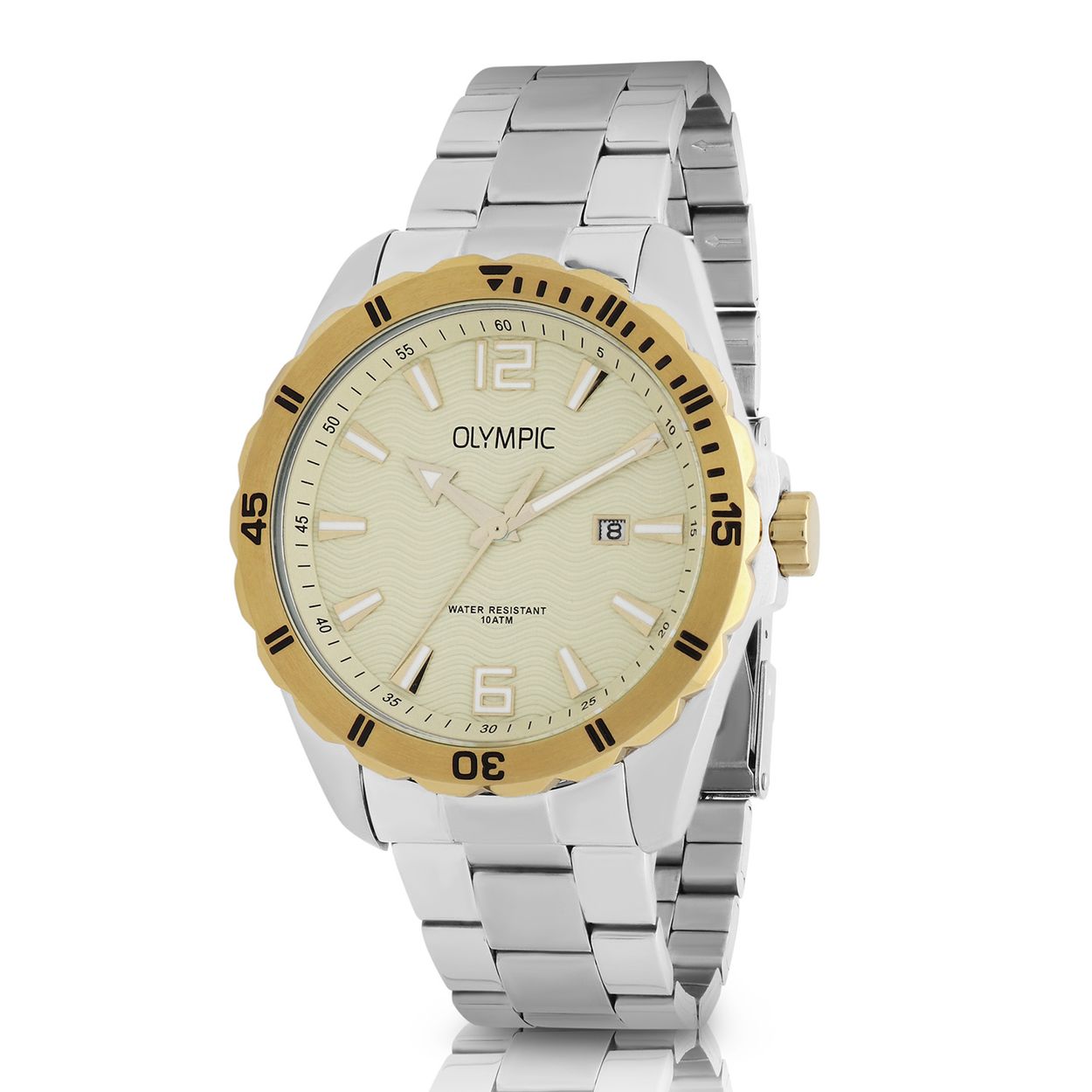 Olympic OL72HSS401B Pieter Horloge Heren Staal 43mm 
Dit unieke Olympic horloge met artikelnummer: OL72HSS401B is een heren horloge met een stoere uitstraling. De stalen kast heeft een bewerkte goudkleurige bezel en een witte wijzerplaat met een datum. De uursaanduiding is opvallend door de lumibrite strepen en wijzers. Dit geeft het horloge een sportief uiterlijk. Aan de stalen kast zit een stalen mat glimmende schakelband met een vouwsluiting. Het horloge heeft een mineraalglas, een doorsnee van 43mm en is 10ATM.

Waterdichtheid 10ATM
Dit horloge is bestand tegen water bij het zwemmen en douchen. Dit horloge is niet bestand tegen (grote) waterdruk dus je kunt er niet mee duiken.

Het merk:
Een mooi horloge hoeft niet duur te zijn! Het Nederlandse horlogemerk Olympic levert stoere chronografen, slimline series, digitale uurwerken en elegante dameshorloges. De prijs-kwaliteitverhouding staat bij Olympic hoog in het vaandel met prijzen die uiteenlopen van € 34,95 tot en met € 159,00.

100% Nederlands ontwerp, waterdicht en standaard 3 jaar fabrieksgarantie.

Specificaties:
- Ronde kast Ø 43mm
- Stalen horlogekast
- Witte wijzerplaat
- Stalen schakelband
- 10ATM 
- Standaard 3 jaar fabrieksgarantie
- Mineraalglas