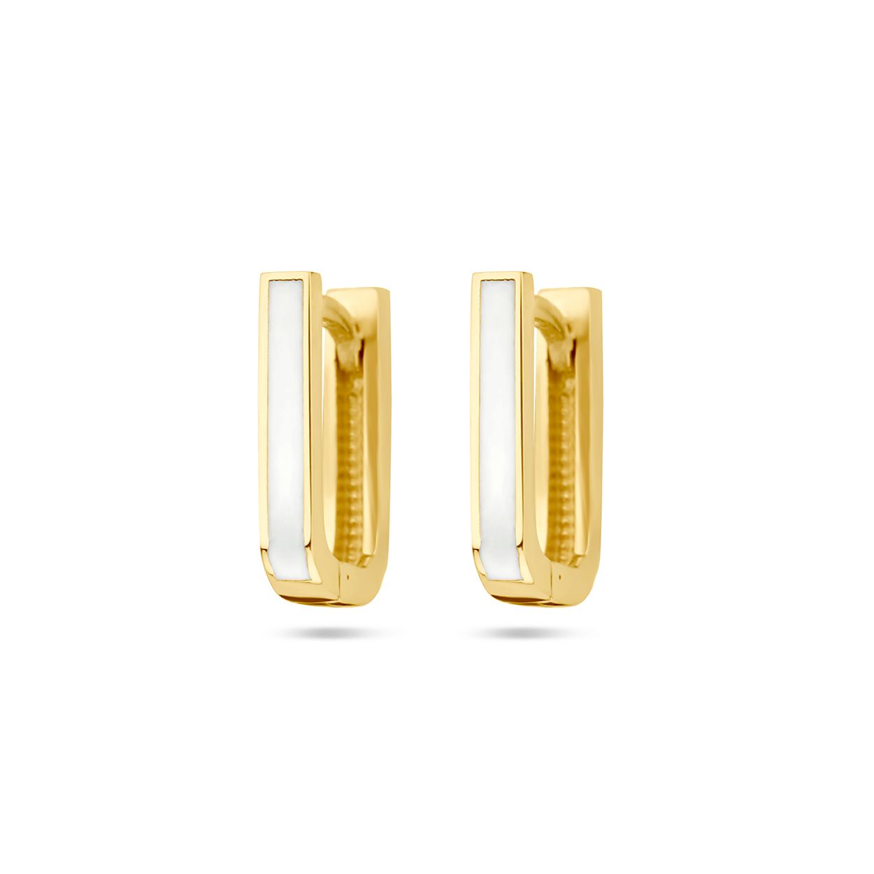 14k Geelgouden klapoorringen uitgevoerd met wit emaille. De oorringen hebben een totale hoogte van 12mm.
