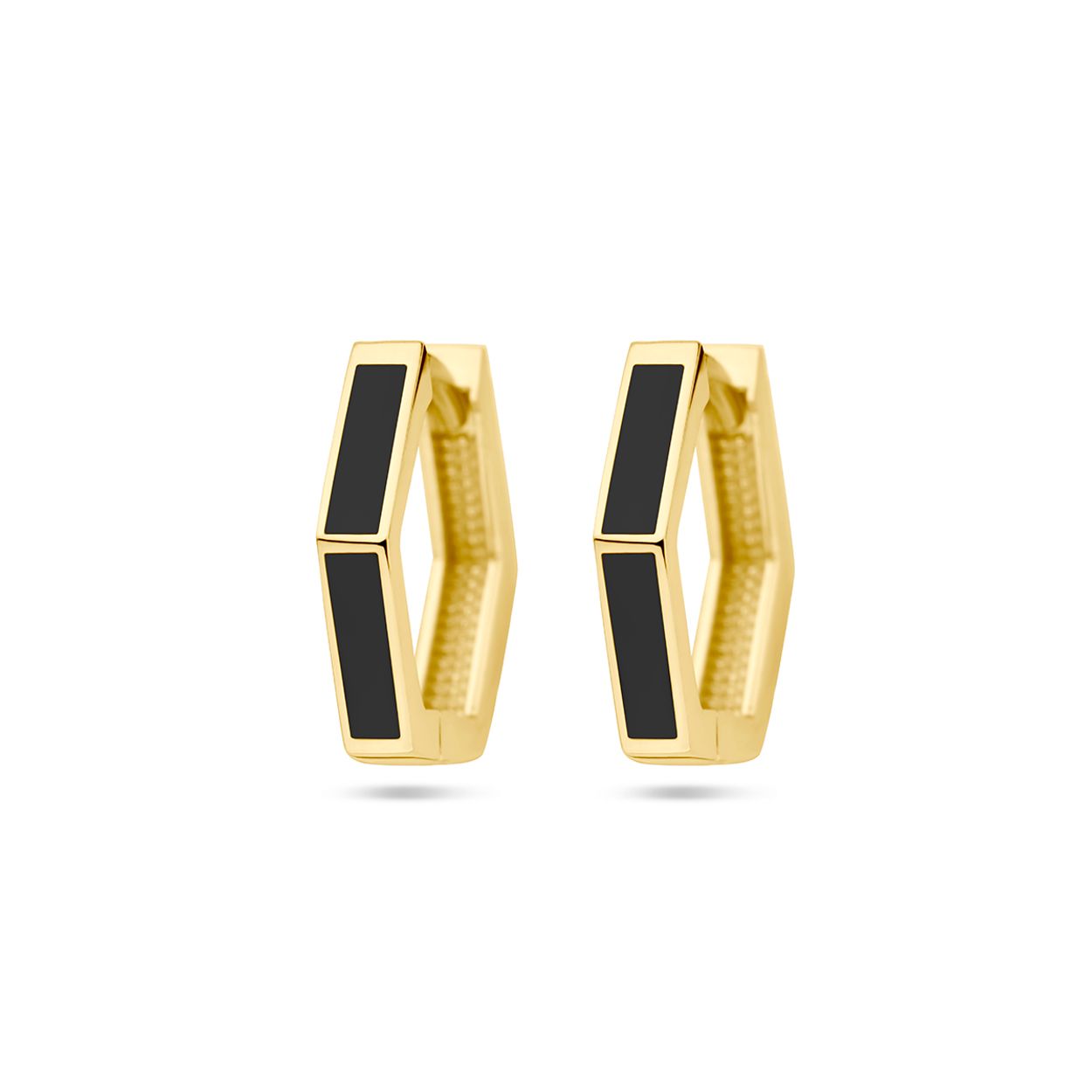 14k Geelgouden klapoorringen uitgevoerd met zwart emaille. De oorringen hebben een totale hoogte van 13mm.