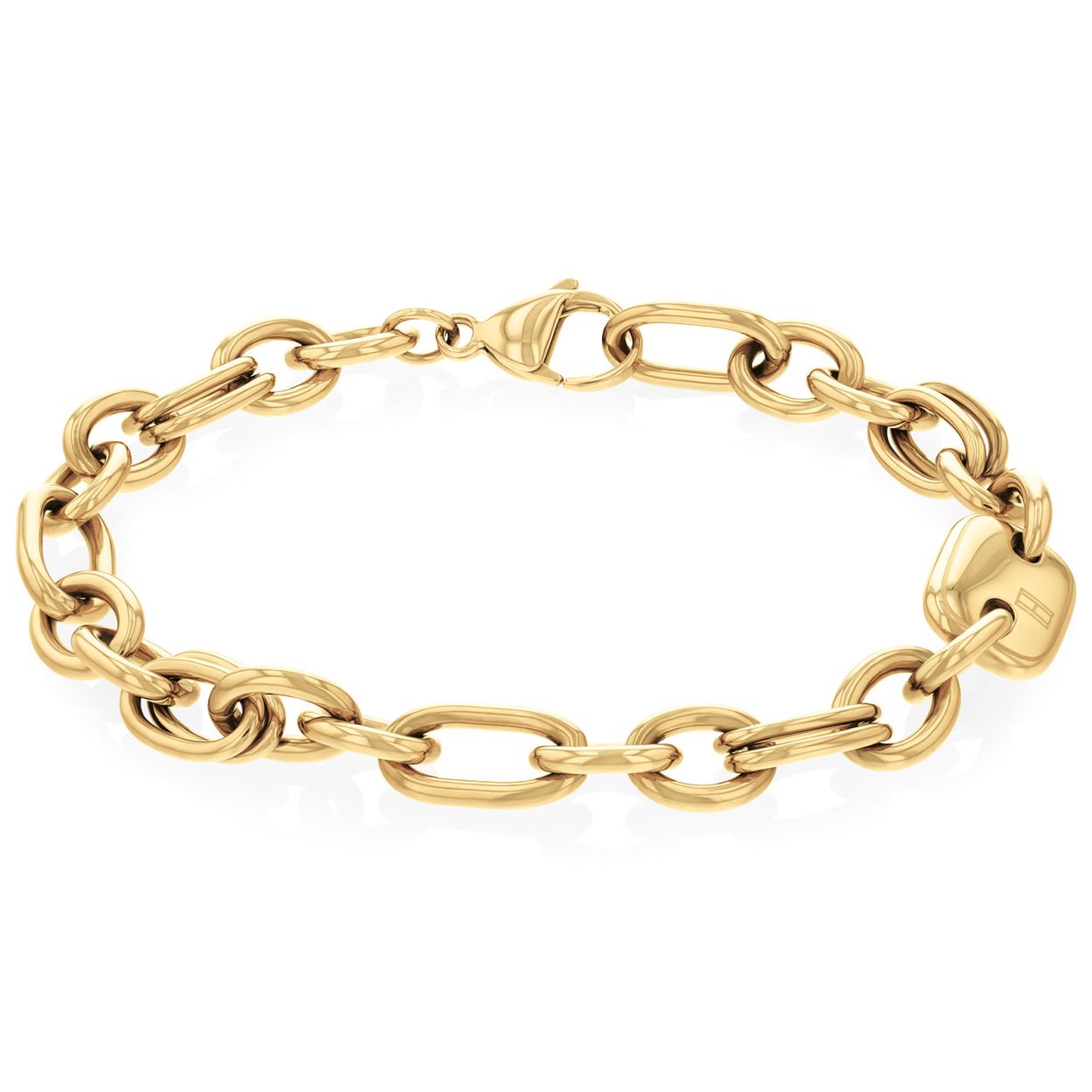 Tommy Hilfiger Jewels TJ2780788 Armband Dames Goudkleurig
Deze armband van Tommy Hilfiger uit de jewelry serie met nr: TJ2780788 is een stoer en stijlvol model. De goudkleurige stalen schakelarmband heeft verschillende vormen schakels en toont vrij grof. De dames armband heeft een plaatje met daarop het Tommy logo. De totale lengte van de armband is 23cm, te dragen op verschillende lengtes. Zeker leuk te combineren met de bijpassende oorbellen en ketting uit de set van Tommy Hilfiger.

Het merk:
Tommy Hilfiger is wereldwijd Ã©Ã©n van de grootste designer lifestyle merken en is internationaal bekend om haar classic American cool stijl. De sieraden zijn voor dames en heren met een eigen stijl, die niet bang zijn om dit aan de wereld te laten zien.

Specificaties:
- Artikelnr: TJ2780788
- Goudkleurige schakelarmband 
- Materiaal: Staal
- Lengte: 23cm
- Dames sieraad