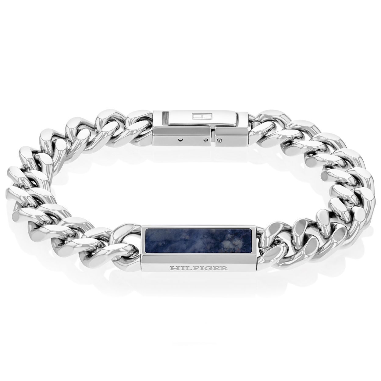 Stalen Tommy Hilfiger armband in gourmet schakel, met in het midden een plaatje met een sodaliet steen geplaatst.

* sodaliet is een edelsteen, dit is een natuurproduct, waardoor niet iedere steen hetzelfde is. Hierdoor kan de kleur en structuur van de steen afwijken van de afbeelding op de website