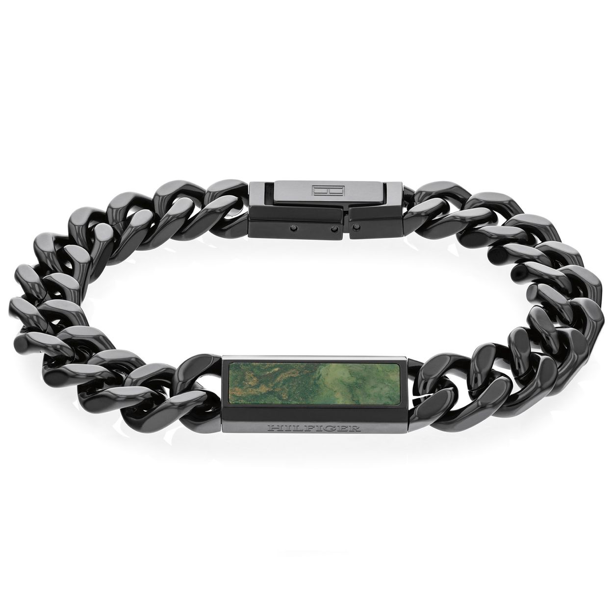 Tommy Hilfiger Jewels TJ2790540 Armband Heren Staal 19,5cm
Deze armband van Tommy Hilfiger uit de jewelry serie met nr: TJ2790540 is een opvallend model. De zwarte stalen gourmet schakel armband heeft bovenop een tussenplaat met daarin een groene Jaspis halfedelsteen erin. Door schakels in te zetten of uit te halen is de armband op maat te maken. De lengte is 19,5cm. In de sluiting is het Tommy logo gegraveerd. Ook leuk te combineren met de bijpassende ketting en andere armbanden van Tommy Hilfiger.