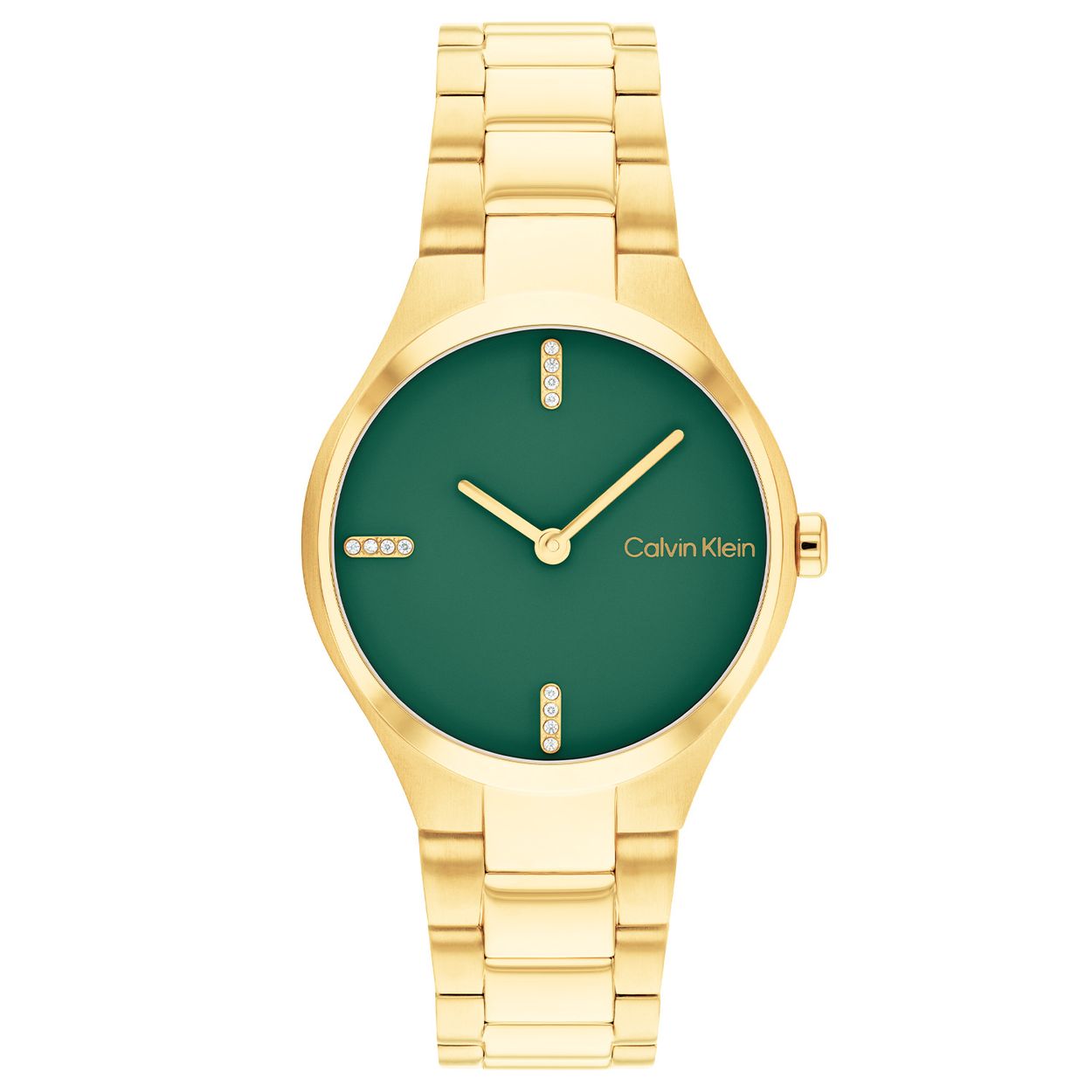 Calvin Klein CK25200333 Dames Staal Horloge 30mm 
Dit Calvin Klein dameshorloge met nr CK25200333 is een tijdloos ontwerp. De stijlvolle goudkleurige ronde gladde stalen kast heeft een groene wijzerplaat met een gladde bezel. Op de wijzerplaat worden de 6, 9 en de 12 uur aangegeven met kristallen en op de 3 staat de naam Calvin Klein afgedrukt. Aan de goudkleurige kast zit een goudkleurige mat glimmende schakelband. Het sierlijke horloge heeft een mineraalglas, een doorsnee van 30mm en is 3 ATM.

OVER CALVIN KLEIN
Calvin Klein is een wereldwijd lifestylemerk dat gewaagde, vooruitstrevende idealen en een verleidelijke, vaak minimalistische, esthetiek nastreeft. Calvin Klein werd groot in de jaren 70 door haar mode- en merkjeans collecties. In de jaren 80 lanceerde Calvin Klein haar spraakmakende ondergoed dat uitdrukkelijk van logo âs voorzien was. Vanwege het grote succes is het merk ook succesvol uitgerold in Accessoires, Parfums, Home, Brillen, Golf, Horloges en Sieraden.
Sinds de oprichting in 1968 door Calvin Klein, heeft het merk haar reputatie opgebouwd als leider in de Amerikaanse mode, dankzij een cleane esthetiek en innovatieve ontwerpen. Calvin Klein wil haar publiek verleiden en inspireren door middel van provocerende beelden en opvallende ontwerpen die prikkelen. 

SPECIFICATIES:
- Mineraalglas
- Goudkleurige stalen kast
- Groene wijzerplaat 
- Goudkleurige schakelband
- Ronde kastvorm, Ã 30mm
- 3 ATM