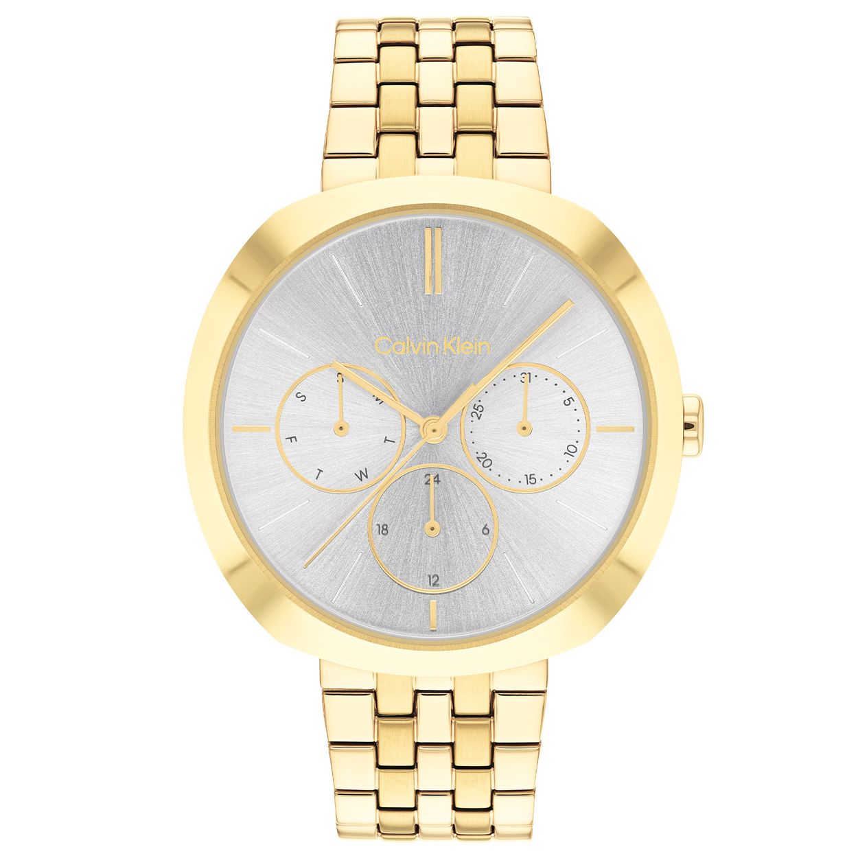 Calvin Klein CK25200336 Dames Staal Horloge 38,5mm 
Dit Calvin Klein dameshorloge met nr CK25200336 is een chique en stoer ontwerp. De stijlvolle goudkleurige ronde gladde stalen kast heeft een speciale vorm, een zilverkleurige sunray wijzerplaat met een gladde bezel. Op de wijzerplaat is de dag,- datum en 24-uursaanduiding fijn aangegeven, evenals de strakke strepen van de uren. Aan de goudkleurige kast zit een goudkleurige mat glimmende schakelband. Het sierlijke horloge heeft een mineraalglas, een doorsnee van 38,5mm en is 3 ATM.

OVER CALVIN KLEIN
Calvin Klein is een wereldwijd lifestylemerk dat gewaagde, vooruitstrevende idealen en een verleidelijke, vaak minimalistische, esthetiek nastreeft. Calvin Klein werd groot in de jaren 70 door haar mode- en merkjeans collecties. In de jaren 80 lanceerde Calvin Klein haar spraakmakende ondergoed dat uitdrukkelijk van logo âs voorzien was. Vanwege het grote succes is het merk ook succesvol uitgerold in Accessoires, Parfums, Home, Brillen, Golf, Horloges en Sieraden.
Sinds de oprichting in 1968 door Calvin Klein, heeft het merk haar reputatie opgebouwd als leider in de Amerikaanse mode, dankzij een cleane esthetiek en innovatieve ontwerpen. Calvin Klein wil haar publiek verleiden en inspireren door middel van provocerende beelden en opvallende ontwerpen die prikkelen. 

SPECIFICATIES:
- Mineraalglas
- Goudkleurige stalen kast
- Zilverkleurige sunray wijzerplaat 
- Goudkleurige schakelband
- Ronde kastvorm, Ã 38,5mm
- 3 ATM