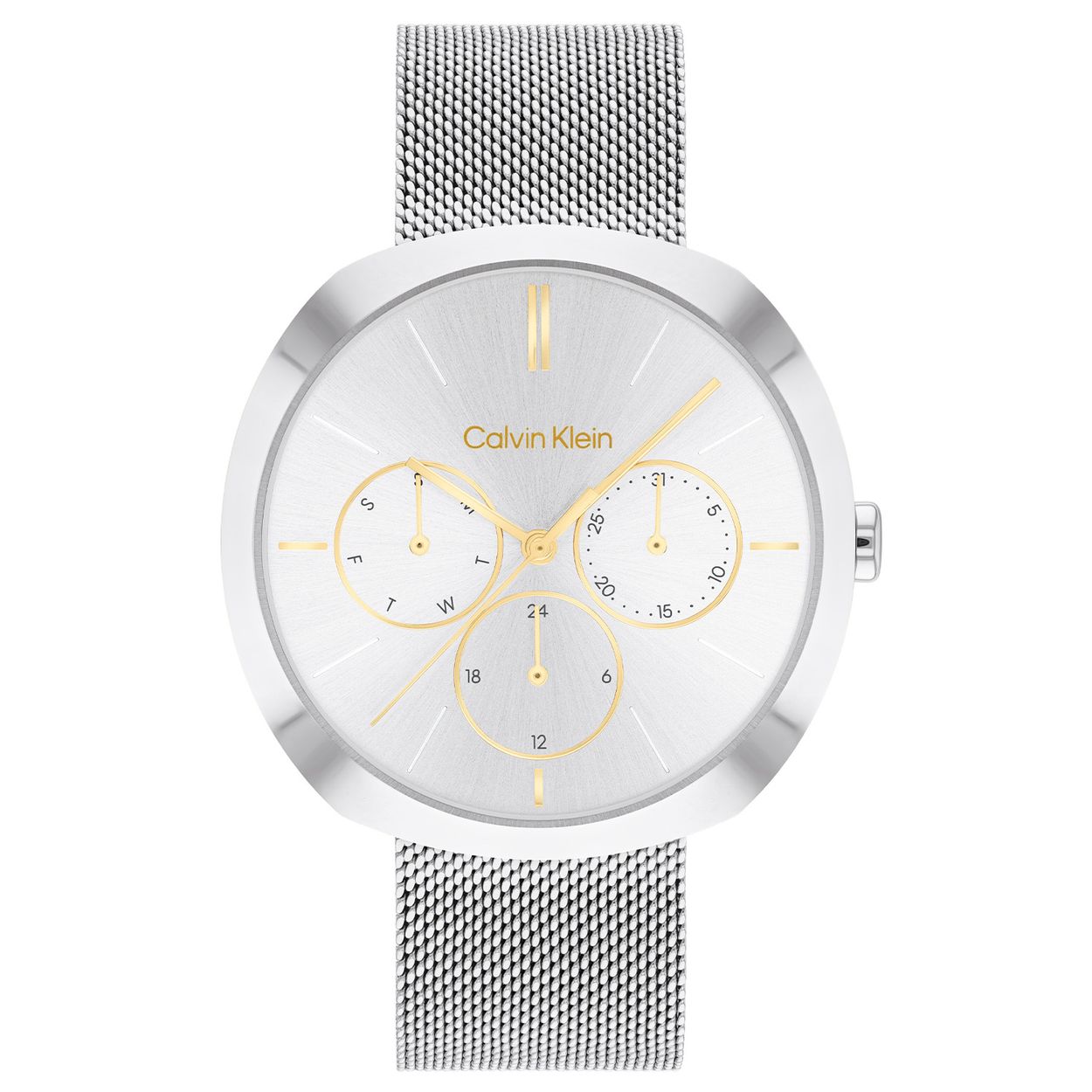 Calvin Klein CK25200338 Dames Staal Horloge 38,5mm 
Dit Calvin Klein dameshorloge met nr CK25200338 is een chique en minimalistisch ontwerp. De stijlvolle zilverkleurige ronde gladde stalen kast heeft een speciale vorm, een zilverkleurige sunray wijzerplaat met een gladde bezel. Op de wijzerplaat is de dag,- datum en 24-uursaanduiding goudkleurig fijn aangegeven, evenals de strakke strepen van de uren. Aan de zilverkleurige kast zit een zilverkleurige milanese horlogeband. Het sierlijke horloge heeft een mineraalglas, een doorsnee van 38,5mm en is 3 ATM.

OVER CALVIN KLEIN
Calvin Klein is een wereldwijd lifestylemerk dat gewaagde, vooruitstrevende idealen en een verleidelijke, vaak minimalistische, esthetiek nastreeft. Calvin Klein werd groot in de jaren 70 door haar mode- en merkjeans collecties. In de jaren 80 lanceerde Calvin Klein haar spraakmakende ondergoed dat uitdrukkelijk van logo âs voorzien was. Vanwege het grote succes is het merk ook succesvol uitgerold in Accessoires, Parfums, Home, Brillen, Golf, Horloges en Sieraden.
Sinds de oprichting in 1968 door Calvin Klein, heeft het merk haar reputatie opgebouwd als leider in de Amerikaanse mode, dankzij een cleane esthetiek en innovatieve ontwerpen. Calvin Klein wil haar publiek verleiden en inspireren door middel van provocerende beelden en opvallende ontwerpen die prikkelen. 

SPECIFICATIES:
- Mineraalglas
- Zilverkleurige stalen kast
- Zilverkleurige sunray wijzerplaat 
- Zilverkleurige milanese band
- Ronde kastvorm, Ã 38,5mm
- 3 ATM