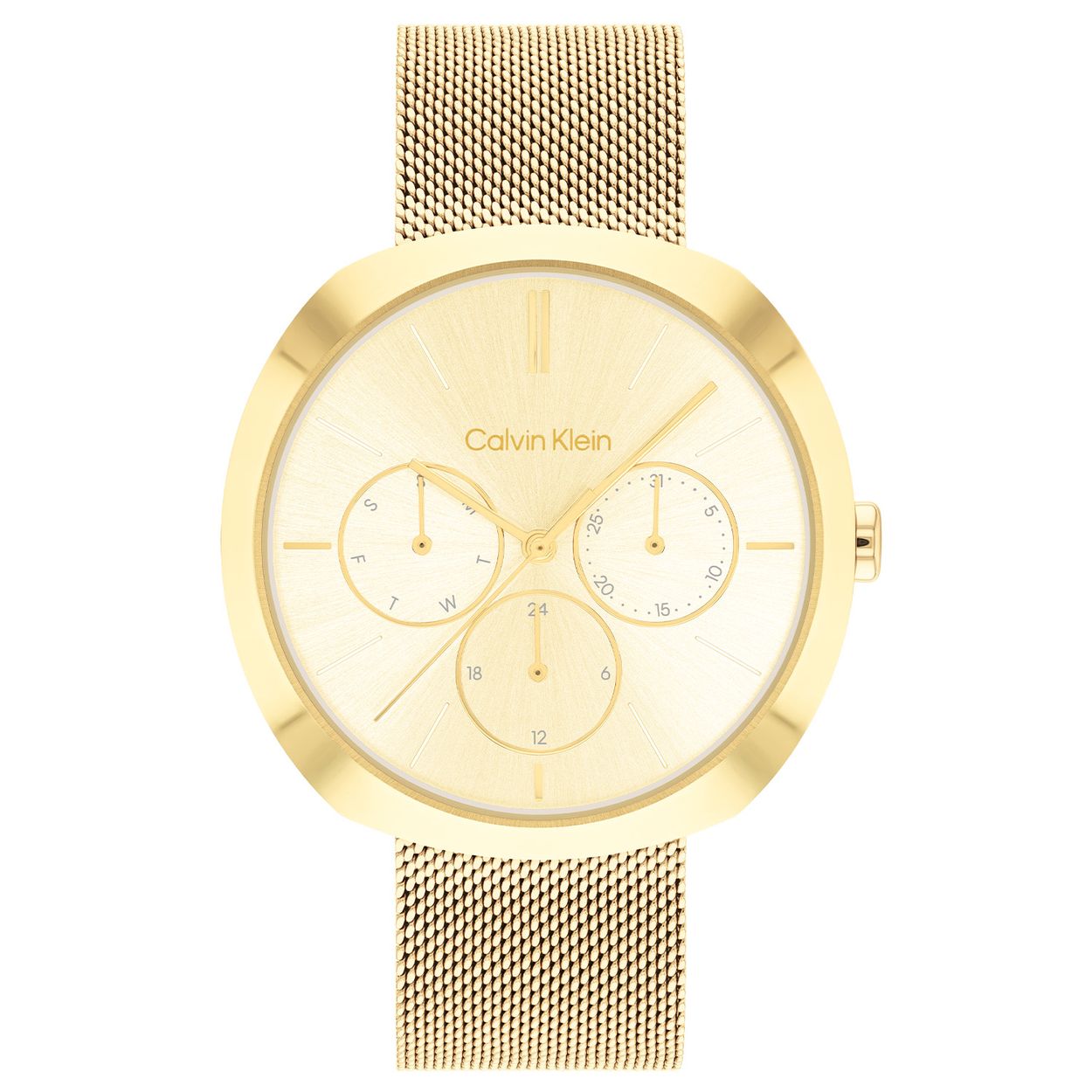 Calvin Klein CK25200339 Dames Staal Horloge 38,5mm 
Dit Calvin Klein dameshorloge met nr CK25200339 is een chique en minimalistisch ontwerp. De stijlvolle goudkleurige ronde gladde stalen kast heeft een speciale vorm, een goudkleurige sunray wijzerplaat met een gladde bezel. Op de wijzerplaat is de dag,- datum en 24-uursaanduiding fijn aangegeven, evenals de strakke strepen van de uren. Aan de goudkleurige kast zit een goudkleurige milanese horlogeband. Het sierlijke horloge heeft een mineraalglas, een doorsnee van 38,5mm en is 3 ATM.

OVER CALVIN KLEIN
Calvin Klein is een wereldwijd lifestylemerk dat gewaagde, vooruitstrevende idealen en een verleidelijke, vaak minimalistische, esthetiek nastreeft. Calvin Klein werd groot in de jaren 70 door haar mode- en merkjeans collecties. In de jaren 80 lanceerde Calvin Klein haar spraakmakende ondergoed dat uitdrukkelijk van logo âs voorzien was. Vanwege het grote succes is het merk ook succesvol uitgerold in Accessoires, Parfums, Home, Brillen, Golf, Horloges en Sieraden.
Sinds de oprichting in 1968 door Calvin Klein, heeft het merk haar reputatie opgebouwd als leider in de Amerikaanse mode, dankzij een cleane esthetiek en innovatieve ontwerpen. Calvin Klein wil haar publiek verleiden en inspireren door middel van provocerende beelden en opvallende ontwerpen die prikkelen. 

SPECIFICATIES:
- Mineraalglas
- Goudkleurige stalen kast
- Goudkleurige sunray wijzerplaat 
- Goudkleurige milanese band
- Ronde kastvorm, Ã 38,5mm
- 3 ATM