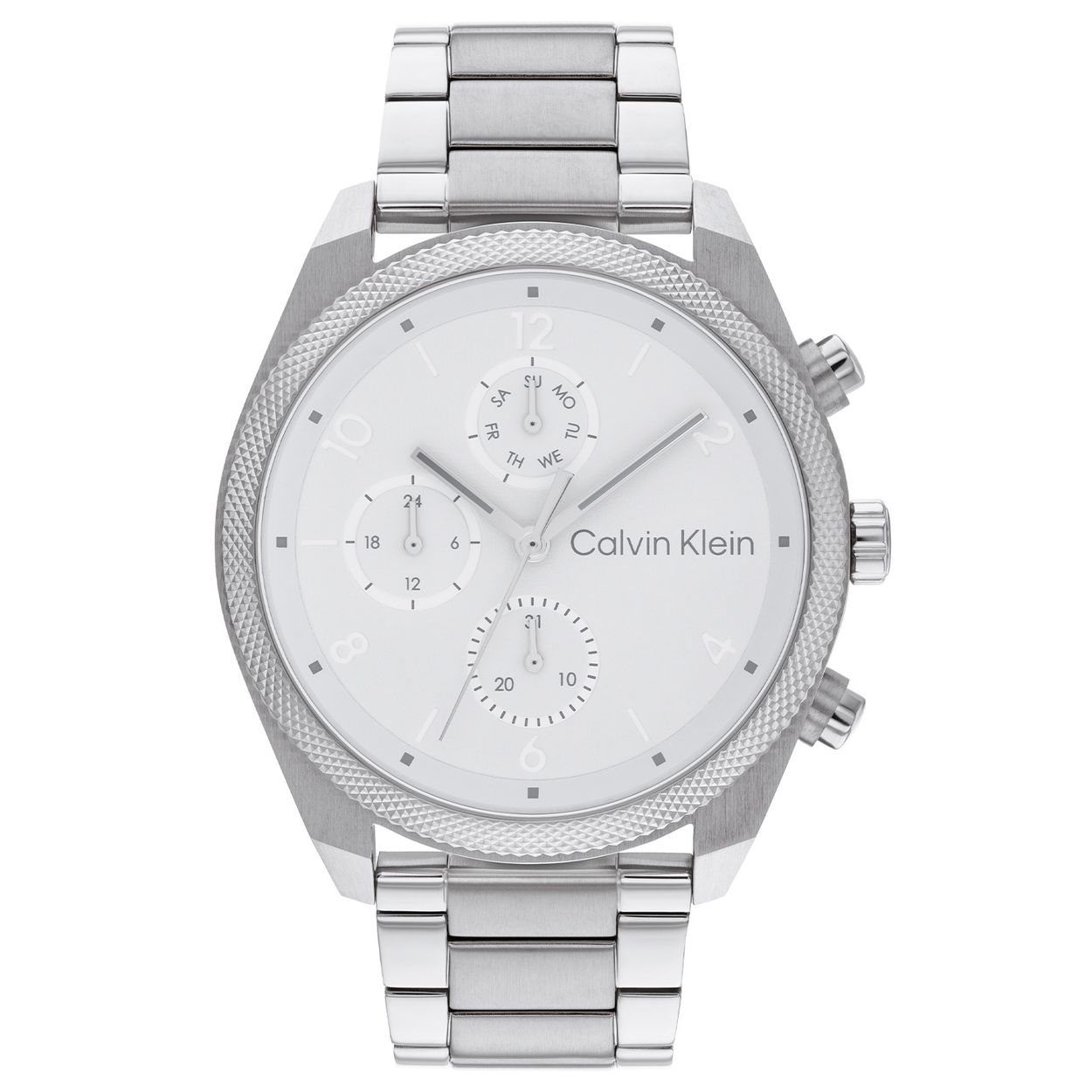 Calvin Klein CK25200356 Heren Staal Horloge 44mm 
Dit Calvin Klein herenhorloge met nr CK25200356 heeft een stoer uiterlijk. De zilverkleurige ronde stalen kast heeft een speciale gekartelde bezel en een zilverkleurige wijzerplaat met ingelegde cijfers. Op de wijzerplaat is de dag,- datum en 24-uursaanduiding aangegeven en is de naam Calvin Klein afgedrukt. Aan de zilverkleurige kast zit een zilverkleurige mat glimmende schakelband. Het stoere horloge heeft een mineraalglas, een doorsnee van 44mm en is 3 ATM.

OVER CALVIN KLEIN
Calvin Klein is een wereldwijd lifestylemerk dat gewaagde, vooruitstrevende idealen en een verleidelijke, vaak minimalistische, esthetiek nastreeft. Calvin Klein werd groot in de jaren 70 door haar mode- en merkjeans collecties. In de jaren 80 lanceerde Calvin Klein haar spraakmakende ondergoed dat uitdrukkelijk van logo âs voorzien was. Vanwege het grote succes is het merk ook succesvol uitgerold in Accessoires, Parfums, Home, Brillen, Golf, Horloges en Sieraden.
Sinds de oprichting in 1968 door Calvin Klein, heeft het merk haar reputatie opgebouwd als leider in de Amerikaanse mode, dankzij een cleane esthetiek en innovatieve ontwerpen. Calvin Klein wil haar publiek verleiden en inspireren door middel van provocerende beelden en opvallende ontwerpen die prikkelen. 

SPECIFICATIES:
- Mineraalglas
- Zilverkleurige stalen kast
- Zilverkleurige wijzerplaat 
- Zilverkleurige schakelband
- Ronde kastvorm, Ã 44mm
- 3 ATM