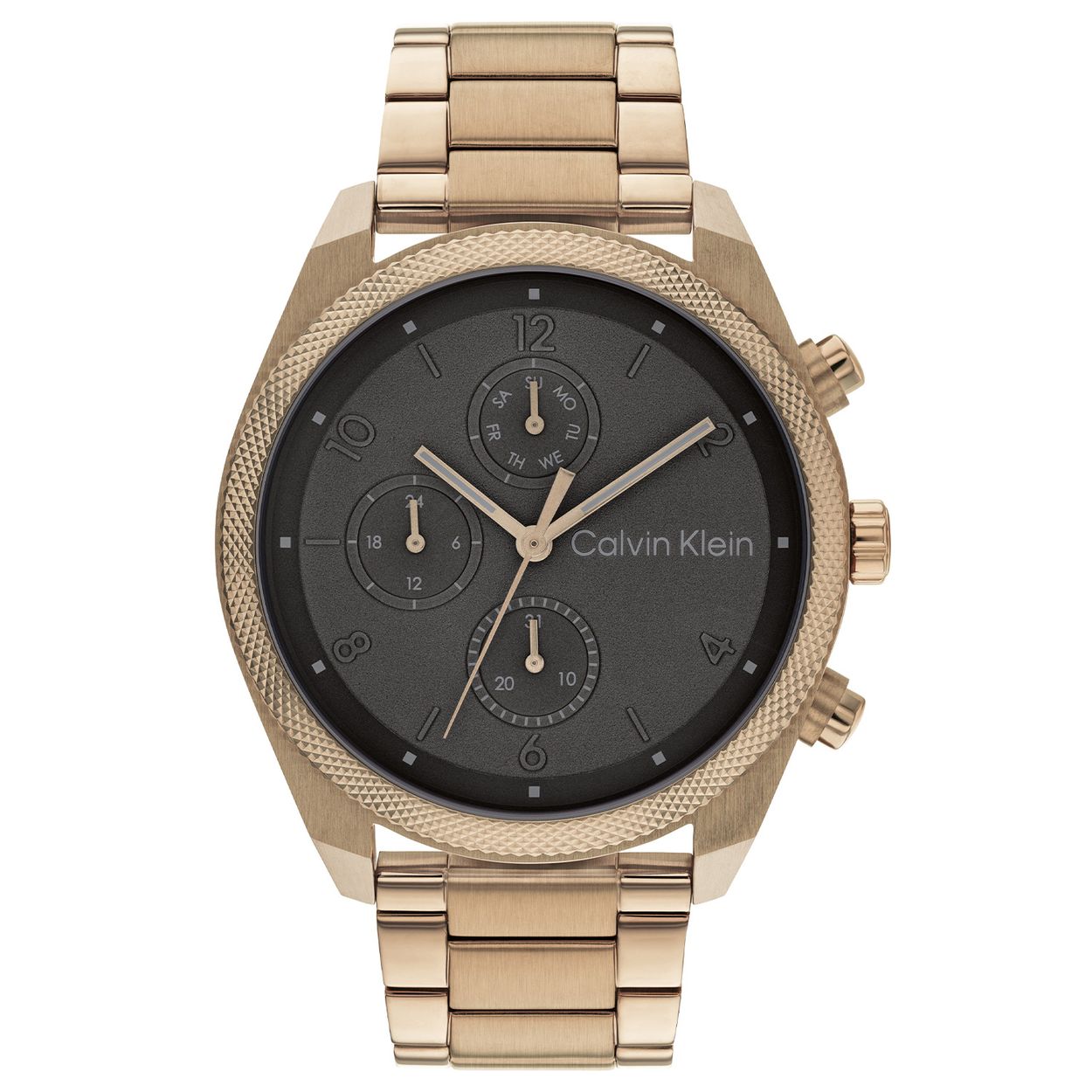 Calvin Klein CK25200357 Heren Staal Horloge 44mm 
Dit Calvin Klein herenhorloge met nr CK25200357 heeft een stoer uiterlijk. De warm goudkleurige ronde stalen kast heeft een speciale gekartelde bezel en een grijze wijzerplaat met ingelegde cijfers. Op de wijzerplaat is de dag,- datum en 24-uursaanduiding aangegeven en is de naam Calvin Klein afgedrukt. Aan de stalen kast zit een warm goudkleurige mat glimmende schakelband. Het stoere horloge heeft een mineraalglas, een doorsnee van 44mm en is 3 ATM.

OVER CALVIN KLEIN
Calvin Klein is een wereldwijd lifestylemerk dat gewaagde, vooruitstrevende idealen en een verleidelijke, vaak minimalistische, esthetiek nastreeft. Calvin Klein werd groot in de jaren 70 door haar mode- en merkjeans collecties. In de jaren 80 lanceerde Calvin Klein haar spraakmakende ondergoed dat uitdrukkelijk van logo ’s voorzien was. Vanwege het grote succes is het merk ook succesvol uitgerold in Accessoires, Parfums, Home, Brillen, Golf, Horloges en Sieraden.
Sinds de oprichting in 1968 door Calvin Klein, heeft het merk haar reputatie opgebouwd als leider in de Amerikaanse mode, dankzij een cleane esthetiek en innovatieve ontwerpen. Calvin Klein wil haar publiek verleiden en inspireren door middel van provocerende beelden en opvallende ontwerpen die prikkelen. 

SPECIFICATIES:
- Mineraalglas
- Goudkleurige stalen kast
- Grijze wijzerplaat 
- Goudkleurige schakelband
- Ronde kastvorm, Ø 44mm
- 3 ATM