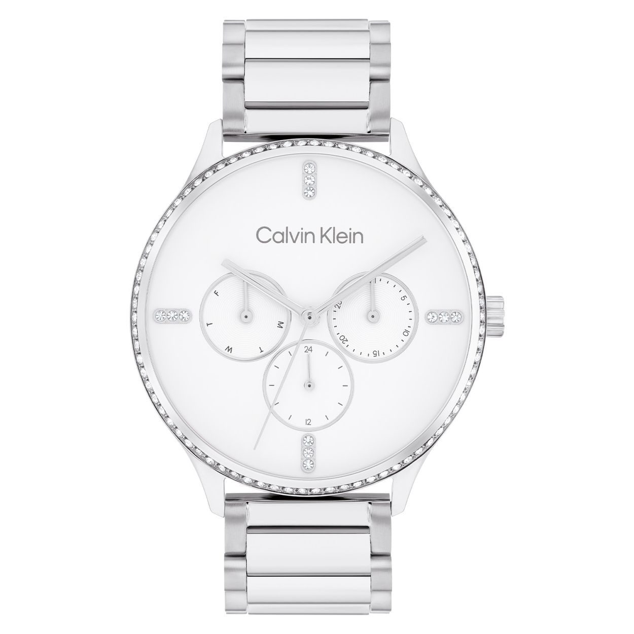 Calvin Klein CK25200373 Dames Staal Horloge 38mm 
Dit Calvin Klein dameshorloge met nr CK25200373 is een sportief en chique ontwerp. De stijlvolle zilverkleurige ronde gladde stalen kast heeft een rand met kristallen, een zilverkleurige sunray wijzerplaat met op de 3, 6, 9 en op de 12 kristallen als uurs-aanduiding. Op de wijzerplaat is de dag,- datum en 24-uursaanduiding fijn aangegeven. Aan de zilverkleurige kast zit een zilverkleurige schakelband. Het sierlijke horloge heeft een mineraalglas, een doorsnee van 38mm en is 3 ATM.

OVER CALVIN KLEIN
Calvin Klein is een wereldwijd lifestylemerk dat gewaagde, vooruitstrevende idealen en een verleidelijke, vaak minimalistische, esthetiek nastreeft. Calvin Klein werd groot in de jaren 70 door haar mode- en merkjeans collecties. In de jaren 80 lanceerde Calvin Klein haar spraakmakende ondergoed dat uitdrukkelijk van logo âs voorzien was. Vanwege het grote succes is het merk ook succesvol uitgerold in Accessoires, Parfums, Home, Brillen, Golf, Horloges en Sieraden.
Sinds de oprichting in 1968 door Calvin Klein, heeft het merk haar reputatie opgebouwd als leider in de Amerikaanse mode, dankzij een cleane esthetiek en innovatieve ontwerpen. Calvin Klein wil haar publiek verleiden en inspireren door middel van provocerende beelden en opvallende ontwerpen die prikkelen. 

SPECIFICATIES:
- Mineraalglas
- Zilverkleurige stalen kast
- Zilverkleurige sunray wijzerplaat 
- Zilverkleurige schakelband
- Ronde kastvorm, Ã 38mm
- Kristallen
- 3 ATM