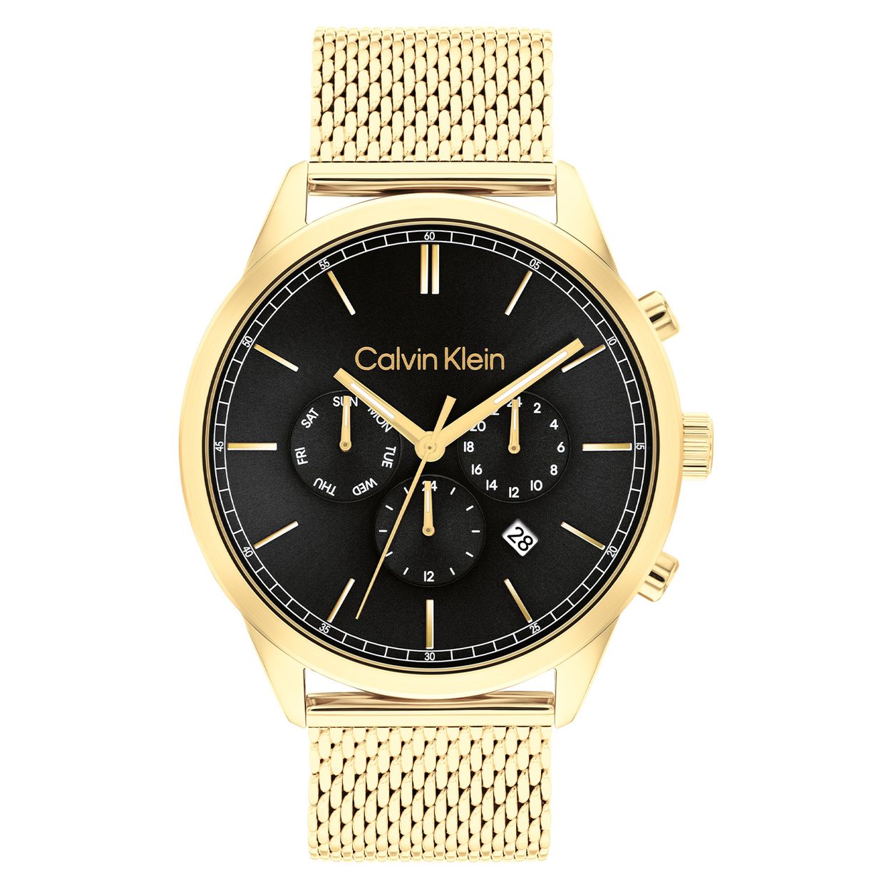 Calvin Klein CK25200375 Heren Staal Horloge 44mm 
Dit Calvin Klein herenhorloge met nr CK25200375 is een tijdloos ontwerp. De ronde goudkleurige stalen kast heeft een architectonische vorm met een gladde bezel. Op de zwarte sunray wijzerplaat zit een datum en zijn de dag en uursaanduiding fijn weergegeven. De goudkleurige stalen milanese band heeft een klapsluiting. Het stoere horloge heeft een mineraalglas, een doorsnee van 44mm en is 3 ATM.

SPECIFICATIES:
- Mineraalglas
- Goudkleurige stalen kast
- Zwarte sunray wijzerplaat 
- Goudkleurige milanese band
- Ronde kast, 44mm
- 3 ATM