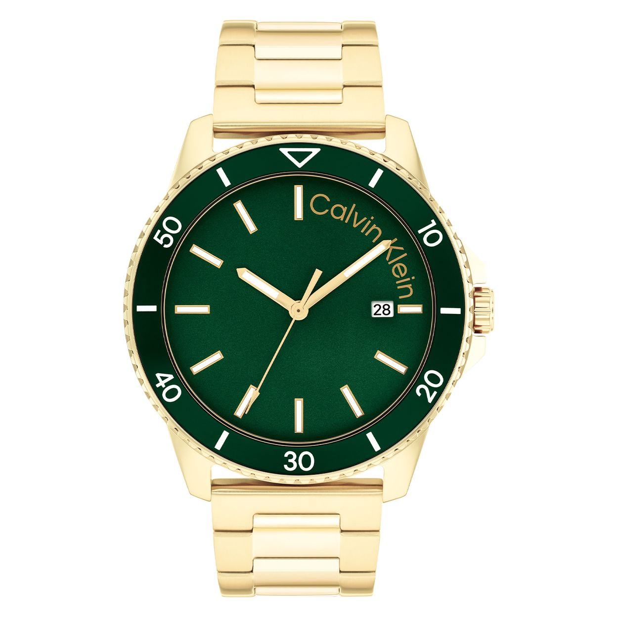 Calvin Klein CK25200383 Heren Staal Horloge 44mm 
Dit Calvin Klein herenhorloge met nr CK25200383 is een sportief ontwerp geÃ¯nspireerd op een duikers horloge. De ronde goudkleurige stalen kast heeft een bewerkte gekartelde groene bezel en de kroon is beschermd in de rand. Op de groene wijzerplaat zit een datum en is de merknaam gedrukt. De witte wijzers en uursaanduiding valt goed op. De goudkleurige stalen band heeft mat en glanzende schakels en een vouwsluiting. Het stoere horloge heeft een mineraalglas, een doorsnee van 44mm en is 3 ATM.

OVER CALVIN KLEIN
Calvin Klein is een wereldwijd lifestylemerk dat gewaagde, vooruitstrevende idealen en een verleidelijke, vaak minimalistische, esthetiek nastreeft. Calvin Klein werd groot in de jaren 70 door haar mode- en merkjeans collecties. In de jaren 80 lanceerde Calvin Klein haar spraakmakende ondergoed dat uitdrukkelijk van logo âs voorzien was. Vanwege het grote succes is het merk ook succesvol uitgerold in Accessoires, Parfums, Home, Brillen, Golf, Horloges en Sieraden.
Sinds de oprichting in 1968 door Calvin Klein, heeft het merk haar reputatie opgebouwd als leider in de Amerikaanse mode, dankzij een cleane esthetiek en innovatieve ontwerpen. Calvin Klein wil haar publiek verleiden en inspireren door middel van provocerende beelden en opvallende ontwerpen die prikkelen. 

SPECIFICATIES:
- Mineraalglas
- Goudkleurige stalen kast
- Groene wijzerplaat 
- Goudkleurige schakelband
- Ronde kast, Ã 44mm
- 3 ATM