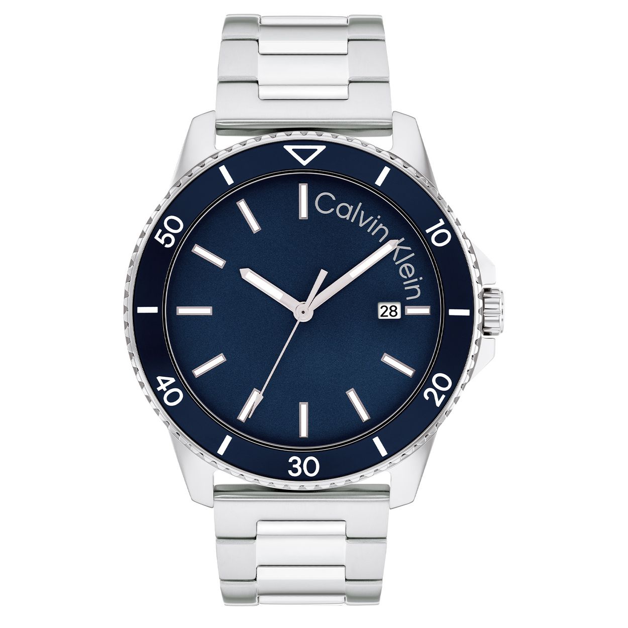 Calvin Klein CK25200385 Heren Staal Horloge 44mm 
Dit Calvin Klein herenhorloge met nr CK25200385 is een sportief ontwerp geÃ¯nspireerd op een duikers horloge. De ronde zilverkleurige stalen kast heeft een bewerkte gekartelde blauwe bezel en de kroon is beschermd in de rand. Op de blauwe wijzerplaat zit een datum en is de merknaam gedrukt. De witte wijzers en uursaanduiding valt goed op. De zilverkleurige stalen band heeft mat en glanzende schakels en een vouwsluiting. Het stoere horloge heeft een mineraalglas, een doorsnee van 44mm en is 3 ATM.

OVER CALVIN KLEIN
Calvin Klein is een wereldwijd lifestylemerk dat gewaagde, vooruitstrevende idealen en een verleidelijke, vaak minimalistische, esthetiek nastreeft. Calvin Klein werd groot in de jaren 70 door haar mode- en merkjeans collecties. In de jaren 80 lanceerde Calvin Klein haar spraakmakende ondergoed dat uitdrukkelijk van logo âs voorzien was. Vanwege het grote succes is het merk ook succesvol uitgerold in Accessoires, Parfums, Home, Brillen, Golf, Horloges en Sieraden.
Sinds de oprichting in 1968 door Calvin Klein, heeft het merk haar reputatie opgebouwd als leider in de Amerikaanse mode, dankzij een cleane esthetiek en innovatieve ontwerpen. Calvin Klein wil haar publiek verleiden en inspireren door middel van provocerende beelden en opvallende ontwerpen die prikkelen. 

SPECIFICATIES:
- Mineraalglas
- Zilverkleurige stalen kast
- Blauwe wijzerplaat 
- Zilverkleurige schakelband
- Ronde kast, Ã 44mm
- 3 ATM
