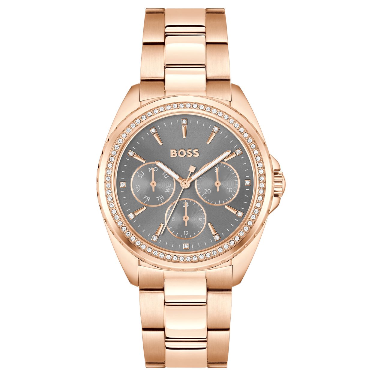 BOSS HB1502711 ATEA Dameshorloge 38mm 
Dit BOSS horloge uit de ATEA serie met artikelnr: HB1502711 heeft een luxe sportieve uitstraling. Zeer geschikt voor de moderne stijlvolle vrouw van nu. Het dameshorloge valt op door zijn rosÃ©kleurige stalen horlogekast met een gekartelde rosÃ©kleurige bezel en een grijze sunray wijzerplaat met een streepje en een kristal als uursaanduiding. Opvallend ook zijn de rondjes met dag,- datum,- en 24-uursaanduiding met fijne wijzers, en de lumibrite uur en minutenwijzer. Aan de kast zit een mat glimmende rosÃ©kleurige schakelband met vouwsluiting. De kast van het horloge heeft een doorsnee van 38mm met mineraalglas en is 3ATM. 

HET MERK:
HUGO BOSS is afgestemd op levensstijlen waar het gaat om kwaliteit en precisie. Het wereldwijde fashionlabel is verdeeld in twee merken: BOSS en HUGO. Het merk BOSS biedt geavanceerde, moderne horloges gericht op kwaliteit en design om een onberispelijke look te creÃ«ren â of het nu zakelijk, casual of sportief is. De horloge collectie van BOSS is perfect afgestemd op levensstijlen waar het gaat om kwaliteit en precisie. BOSS is op maat gemaakt in een onberispelijke stijl.

Blijf stijlvol bij de tijd. Voor de BOSS-vrouw is stijl het handelsmerk en draait alles om
details. Breng uw look naar een hoger niveau met onze nieuwe en kenmerkende horlogecollectie.

SPECIFICATIES:
- Mineraalglas
- Ovale kastvorm, Ã 38mm
- Stalen horlogekast
- Grijze wijzerplaat
- RosÃ©kleurige schakelband