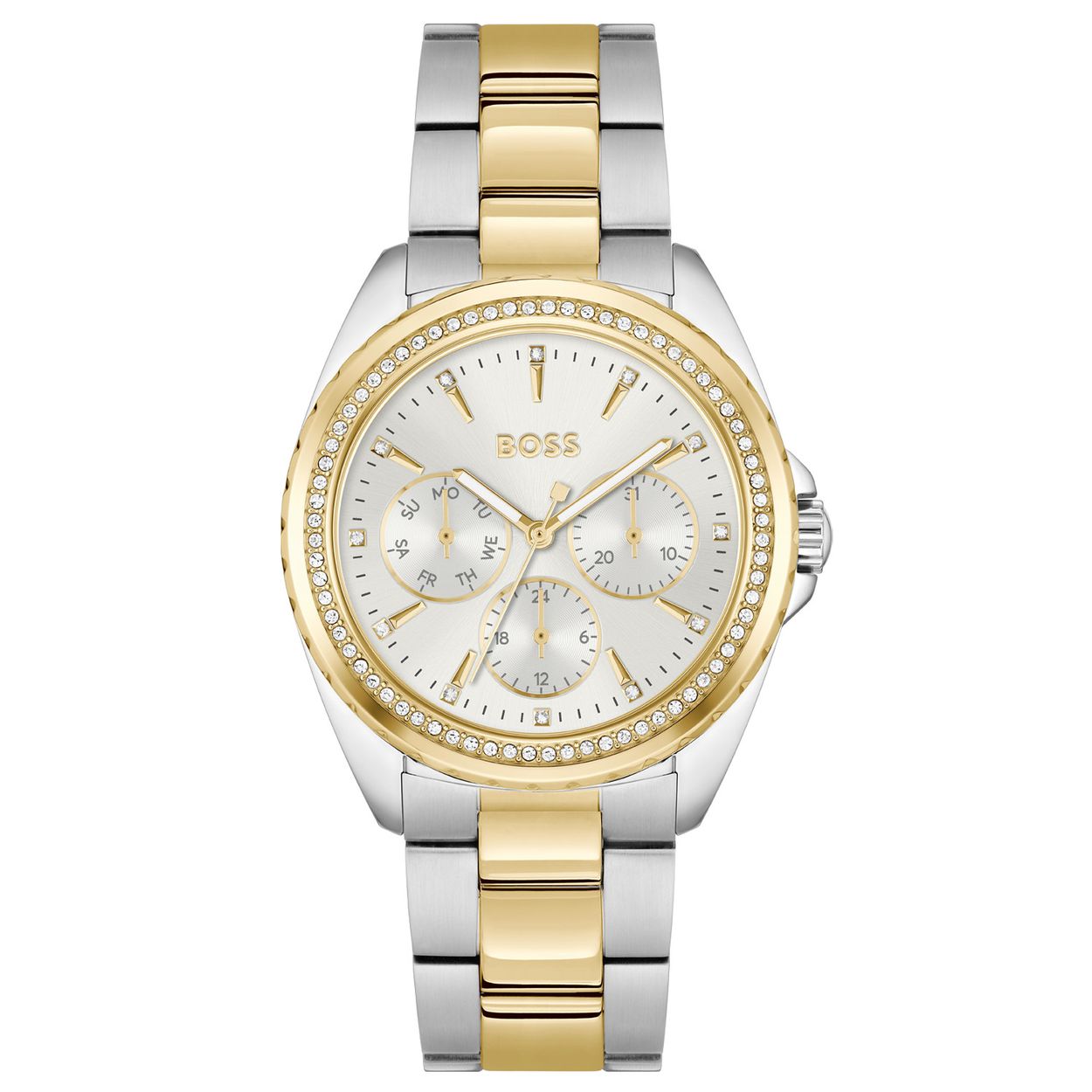 BOSS HB1502713 ATAE Dameshorloge 38mm 
Dit BOSS horloge uit de ATEA serie met artikelnr: HB1502713 heeft een luxe sportieve uitstraling. Zeer geschikt voor de moderne stijlvolle vrouw van nu. Het dameshorloge valt op door zijn zilverkleurige stalen horlogekast met een gekartelde goudkleurige bezel en een zilverwitte sunray wijzerplaat met een streepje en een kristal als uursaanduiding. Opvallend ook zijn de rondjes met dag,- datum,- en 24-uursaanduiding met fijne wijzers, en de lumibrite uur en minutenwijzer. Aan de kast zit een mat glimmende bi-color schakelband met vouwsluiting. De kast van het horloge heeft een doorsnee van 38mm met mineraalglas en is 3ATM. 

HET MERK:
HUGO BOSS is afgestemd op levensstijlen waar het gaat om kwaliteit en precisie. Het wereldwijde fashionlabel is verdeeld in twee merken: BOSS en HUGO. Het merk BOSS biedt geavanceerde, moderne horloges gericht op kwaliteit en design om een onberispelijke look te creëren – of het nu zakelijk, casual of sportief is. De horloge collectie van BOSS is perfect afgestemd op levensstijlen waar het gaat om kwaliteit en precisie. BOSS is op maat gemaakt in een onberispelijke stijl.

Blijf stijlvol bij de tijd. Voor de BOSS-vrouw is stijl het handelsmerk en draait alles om
details. Breng uw look naar een hoger niveau met onze nieuwe en kenmerkende horlogecollectie.

SPECIFICATIES:
- Mineraalglas
- Ovale kastvorm, Ø 38mm
- Stalen horlogekast
- Zilverwitte wijzerplaat
- Bi-color schakelband
