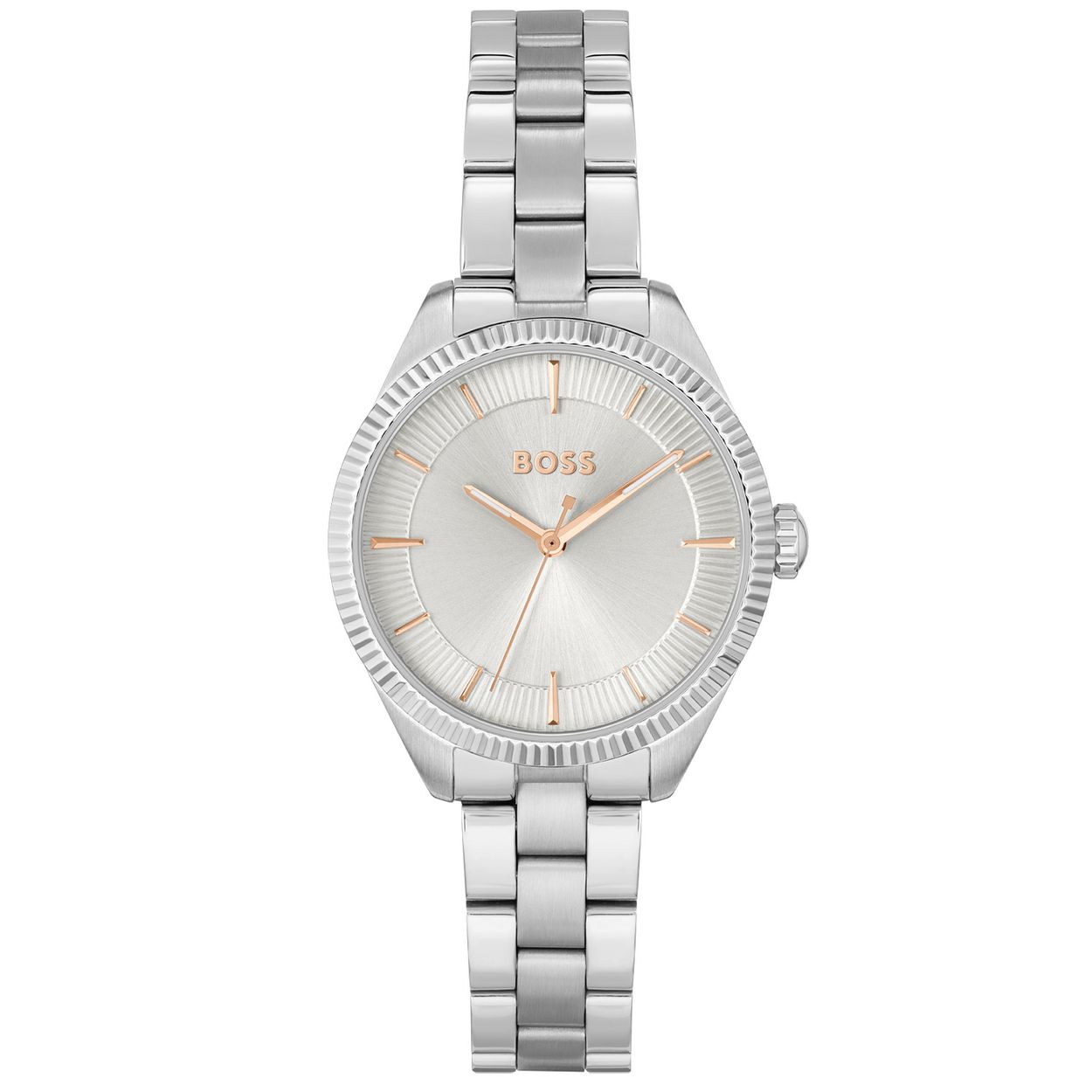 Dit Boss horloge behoort tot de Sage collectie.
Referentienummer: HB1502726 

Dit BOSS horloge heeft een luxe sportieve uitstraling. Zeer geschikt voor de moderne stijlvolle vrouw van nu. Het dameshorloge valt op door zijn zilverkleurige stalen horlogekast met een geribbelde zilverkleurige bezel en een zilverwitte sunray wijzerplaat met verdikte rand met daarop de fijne uuraanduiding. Opvallend ook zijn de lumibrite uur en minutenwijzer. Aan de kast zit een glimmende zilverkleurige schakelband met vouwsluiting. De kast van het horloge heeft een doorsnee van 32mm met mineraalglas en is 3ATM. 
