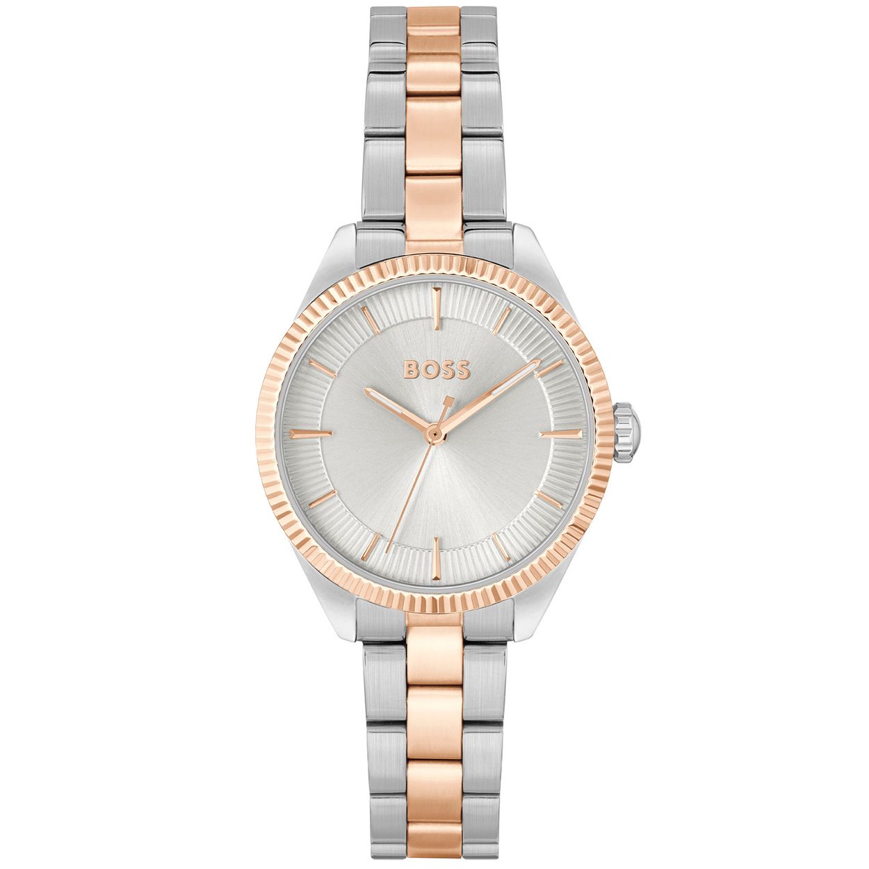 BOSS HB1502727 SAGE Dameshorloge 32mm 
Dit BOSS horloge uit de SAGE serie met artikelnr: HB1502727 heeft een luxe sportieve uitstraling. Zeer geschikt voor de moderne stijlvolle vrouw van nu. Het dameshorloge valt op door zijn zilverkleurige stalen horlogekast met een geribbelde goudkleurige bezel en een zilverwitte sunray wijzerplaat met verdikte rand met daarop de fijne uuraanduiding. Opvallend ook zijn de lumibrite uur en minutenwijzer. Aan de kast zit een glimmende bi-color schakelband met vouwsluiting. De kast van het horloge heeft een doorsnee van 32mm met mineraalglas en is 3ATM. 

HET MERK:
HUGO BOSS is afgestemd op levensstijlen waar het gaat om kwaliteit en precisie. Het wereldwijde fashionlabel is verdeeld in twee merken: BOSS en HUGO. Het merk BOSS biedt geavanceerde, moderne horloges gericht op kwaliteit en design om een onberispelijke look te creÃ«ren â of het nu zakelijk, casual of sportief is. De horloge collectie van BOSS is perfect afgestemd op levensstijlen waar het gaat om kwaliteit en precisie. BOSS is op maat gemaakt in een onberispelijke stijl.

Blijf stijlvol bij de tijd. Voor de BOSS-vrouw is stijl het handelsmerk en draait alles om
details. Breng uw look naar een hoger niveau met onze nieuwe en kenmerkende horlogecollectie.

SPECIFICATIES:
- Mineraalglas
- Ovale kastvorm, Ã 32mm
- Stalen horlogekast
- Zilverwitte wijzerplaat
- Bi-color schakelband