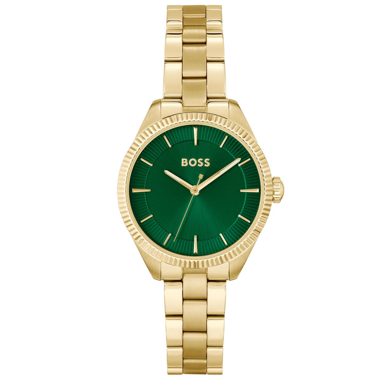 BOSS HB1502729 SAGE Dameshorloge 32mm 
Dit BOSS horloge uit de SAGE serie met artikelnr: HB1502729 heeft een luxe sportieve uitstraling. Zeer geschikt voor de moderne stijlvolle vrouw van nu. Het dameshorloge valt op door zijn goudkleurige stalen horlogekast met een geribbelde goudkleurige bezel en een groene sunray wijzerplaat met verdikte rand met daarop de fijne uuraanduiding. Opvallend ook zijn de lumibrite uur en minutenwijzer. Aan de kast zit een glimmende goudkleurige schakelband met vouwsluiting. De kast van het horloge heeft een doorsnee van 32mm met mineraalglas en is 3ATM. 

HET MERK:
HUGO BOSS is afgestemd op levensstijlen waar het gaat om kwaliteit en precisie. Het wereldwijde fashionlabel is verdeeld in twee merken: BOSS en HUGO. Het merk BOSS biedt geavanceerde, moderne horloges gericht op kwaliteit en design om een onberispelijke look te creëren – of het nu zakelijk, casual of sportief is. De horloge collectie van BOSS is perfect afgestemd op levensstijlen waar het gaat om kwaliteit en precisie. BOSS is op maat gemaakt in een onberispelijke stijl.

Blijf stijlvol bij de tijd. Voor de BOSS-vrouw is stijl het handelsmerk en draait alles om
details. Breng uw look naar een hoger niveau met onze nieuwe en kenmerkende horlogecollectie.

SPECIFICATIES:
- Mineraalglas
- Ovale kastvorm, Ø 32mm
- Stalen horlogekast
- Groene wijzerplaat
- Goudkleurige schakelband